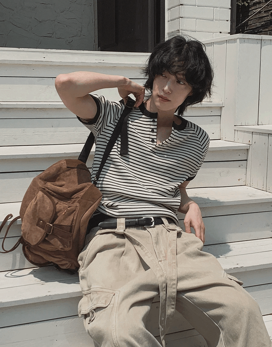 條紋羅紋亨利領撞色短袖T恤