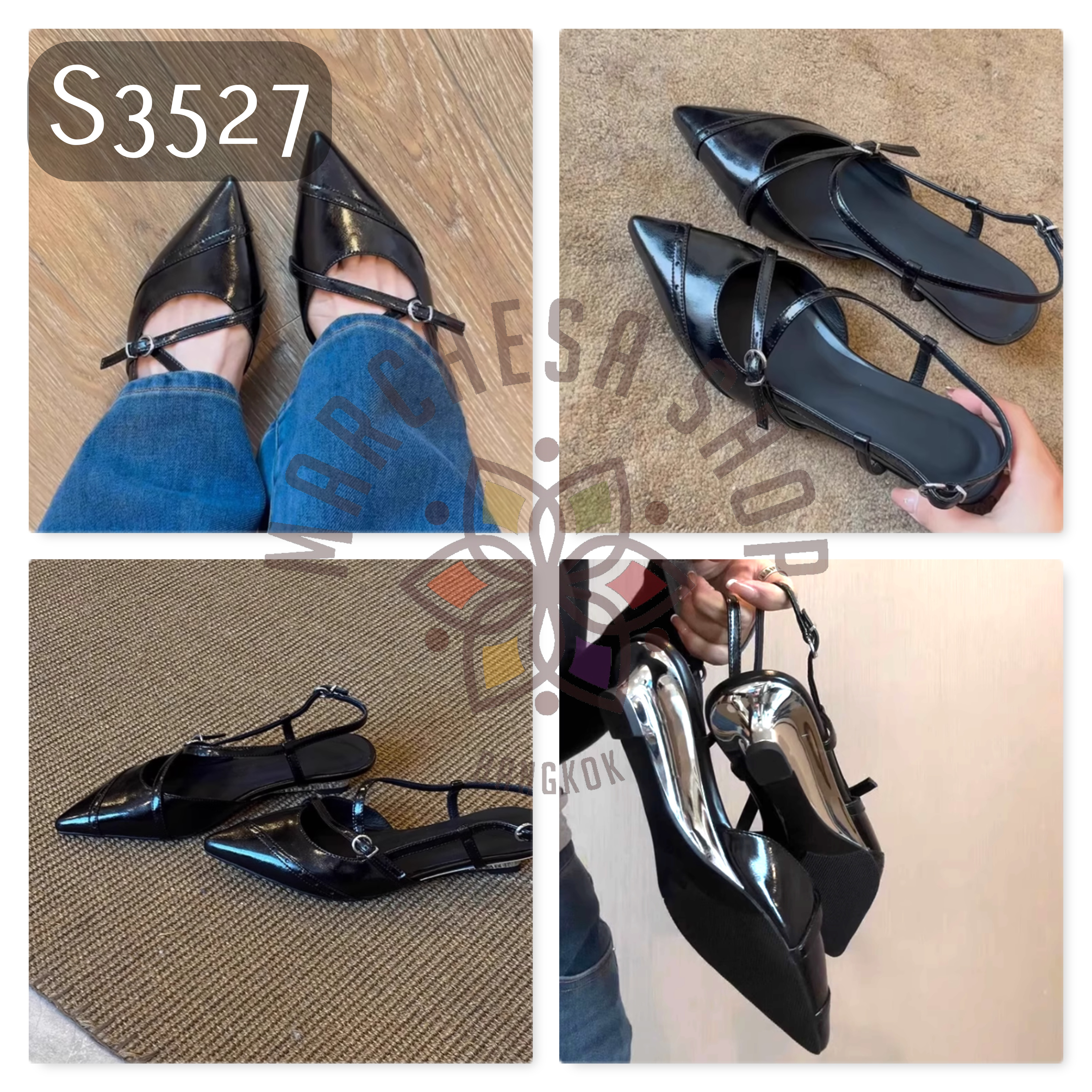 S3527 - 羊漆皮鈄帶車綫尖頭銀色船踭鞋