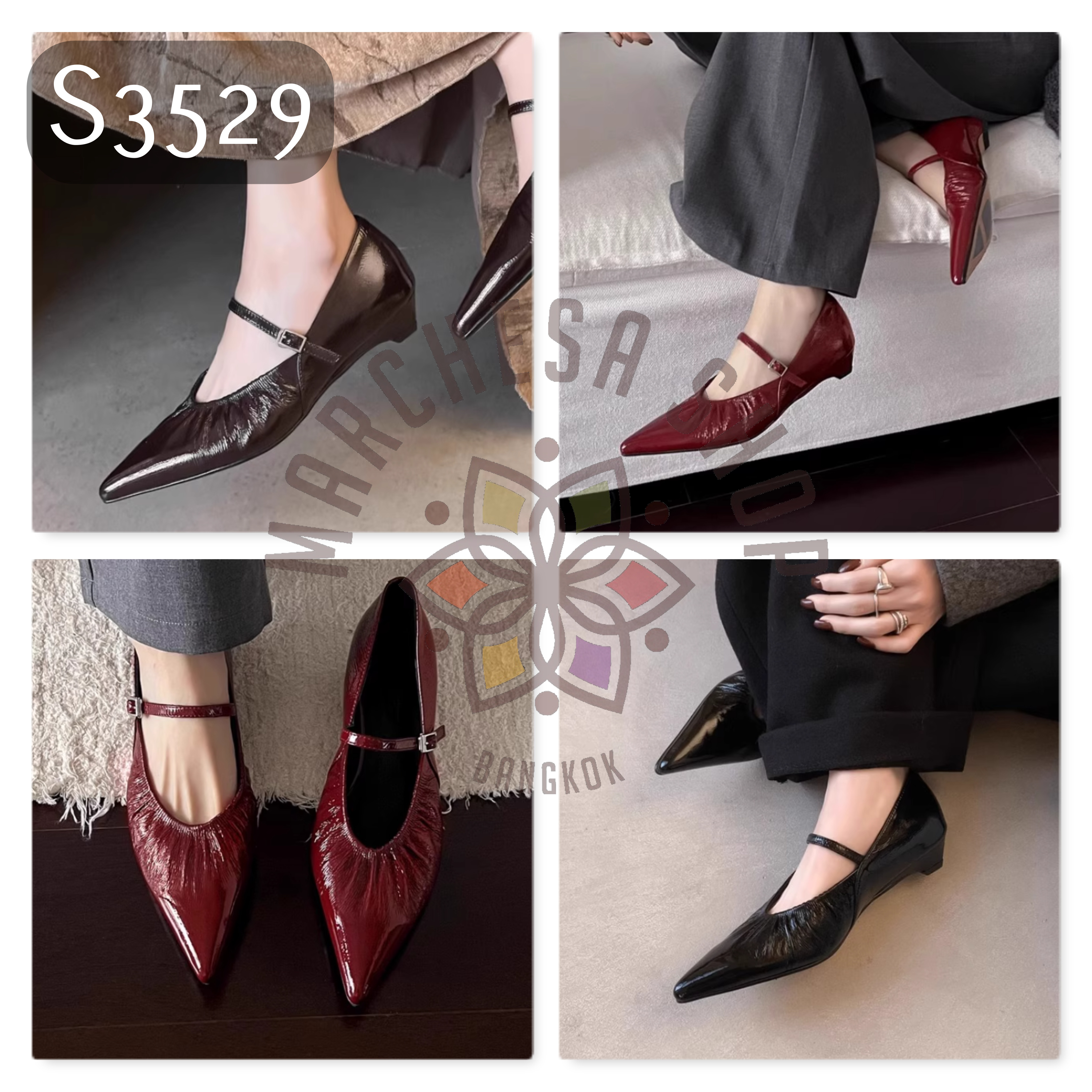 S3529 - 羊漆皮皺摺一字帶尖頭小船踭鞋