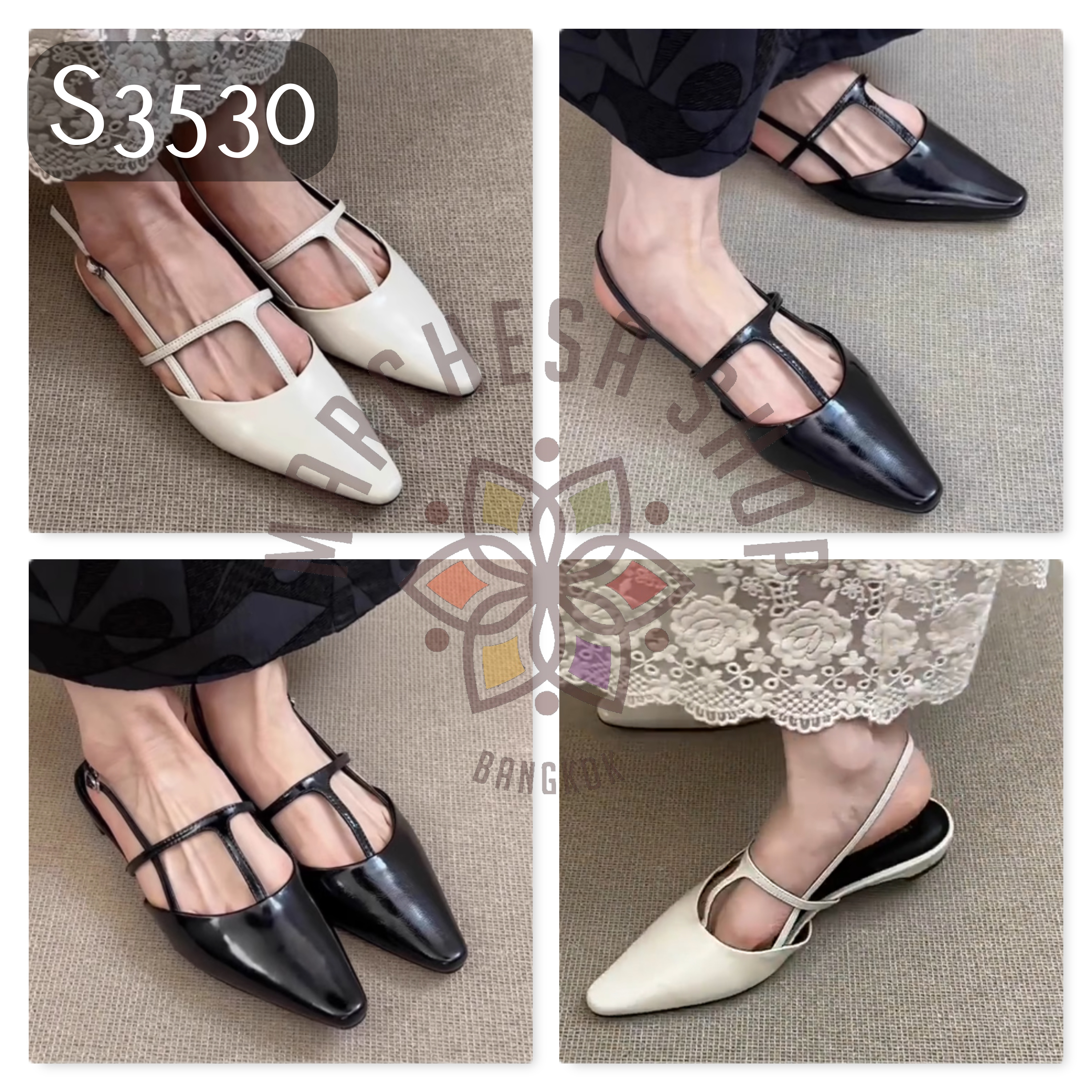 S3530 - 羊皮包頭T帶尖頭低踭涼鞋