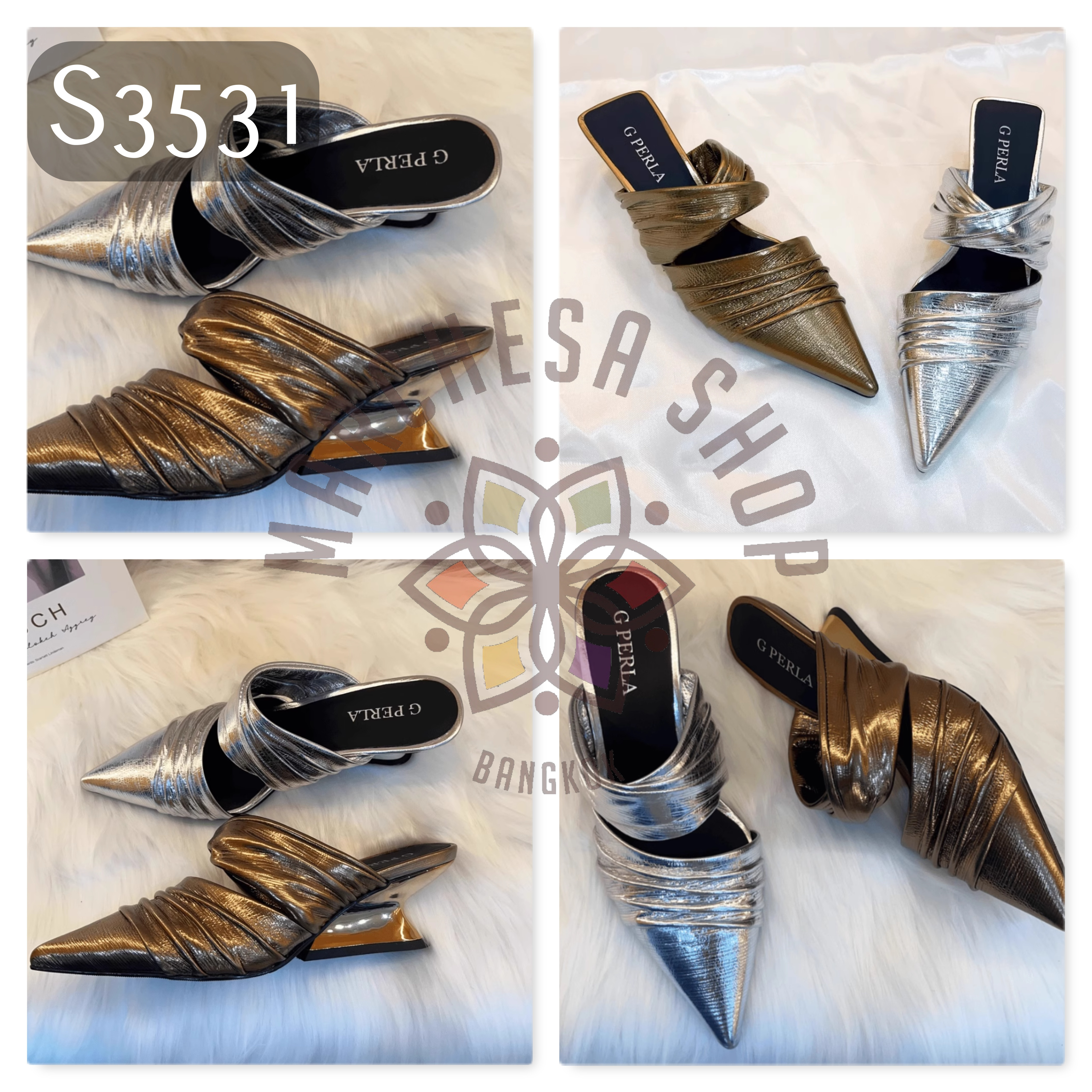 S3531 - 羊皮皺紋皺摺復古尖頭涼拖