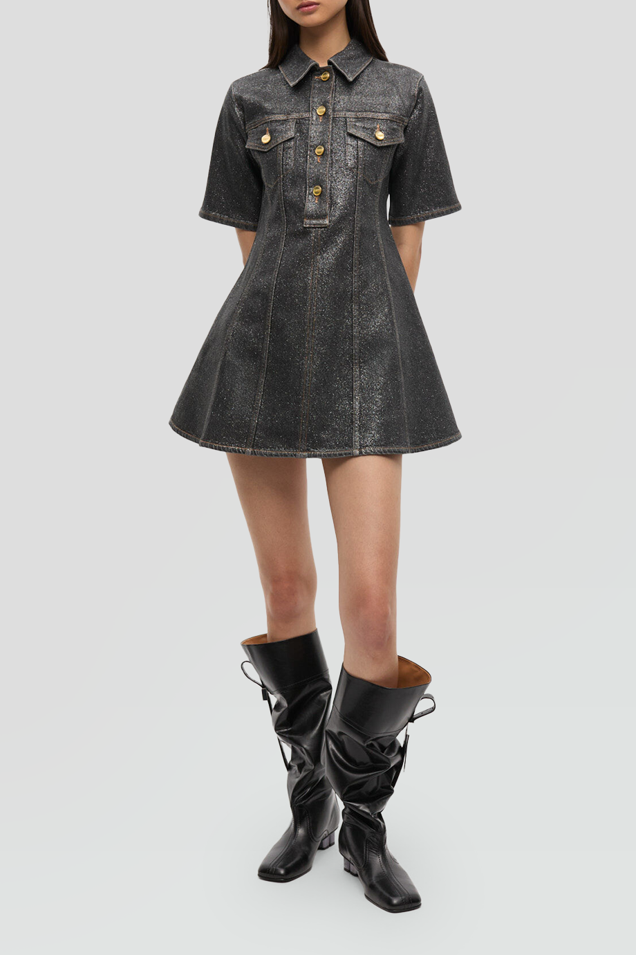 GANNI｜SHIMMERY 襯衫式箔光牛仔短洋裝