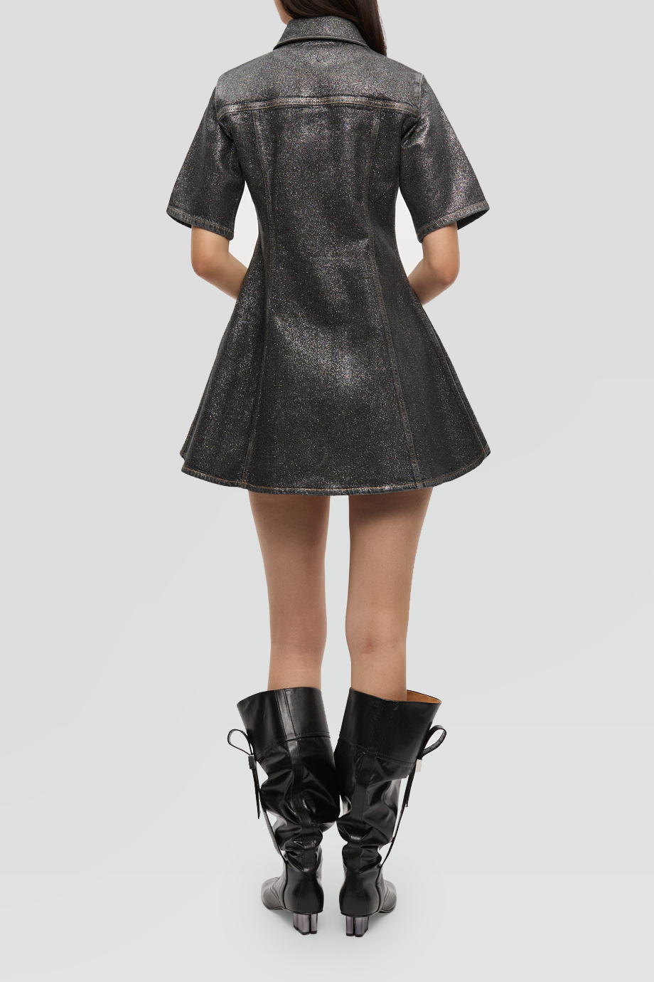 GANNI｜SHIMMERY 襯衫式箔光牛仔短洋裝