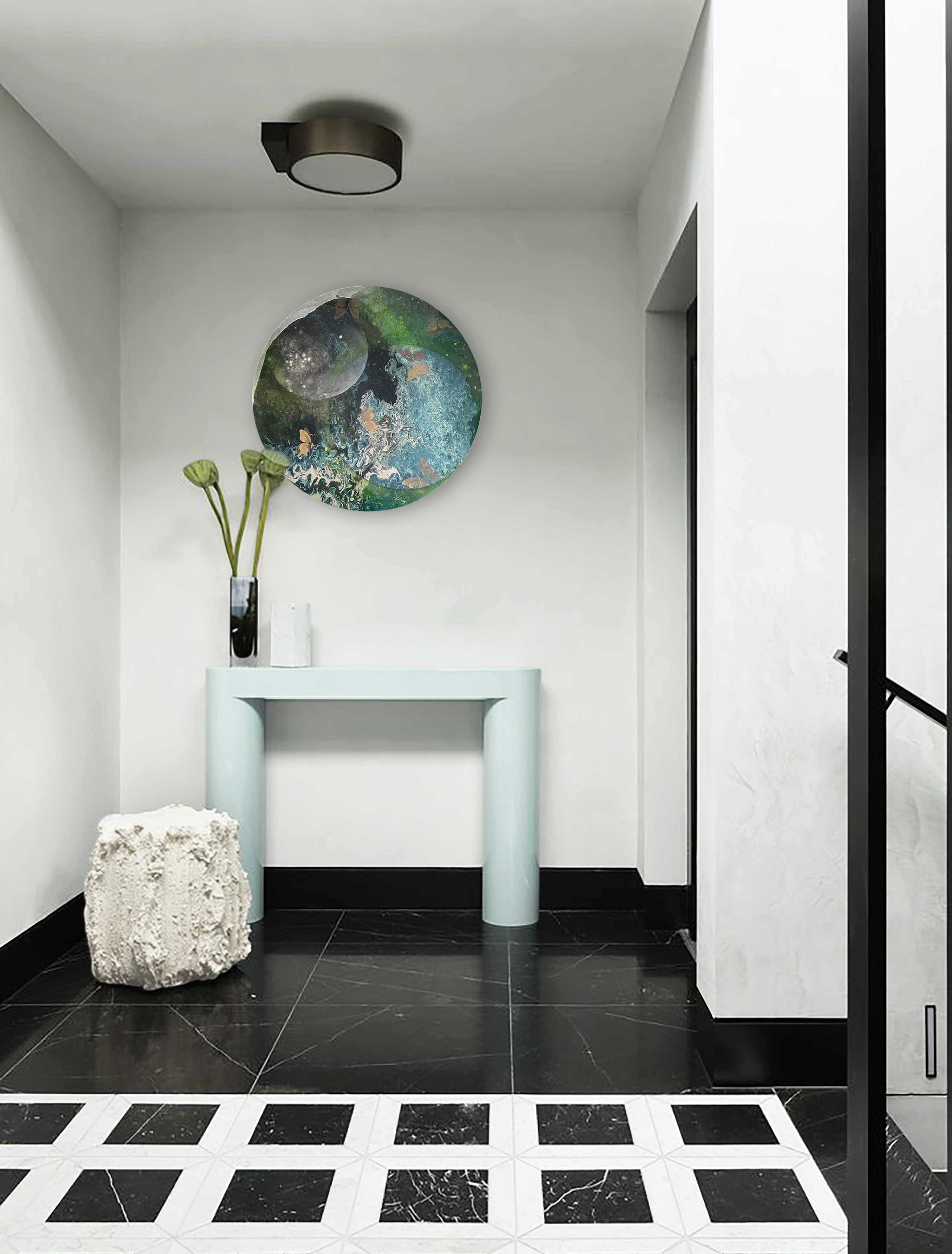 蝶影行星圓形畫作