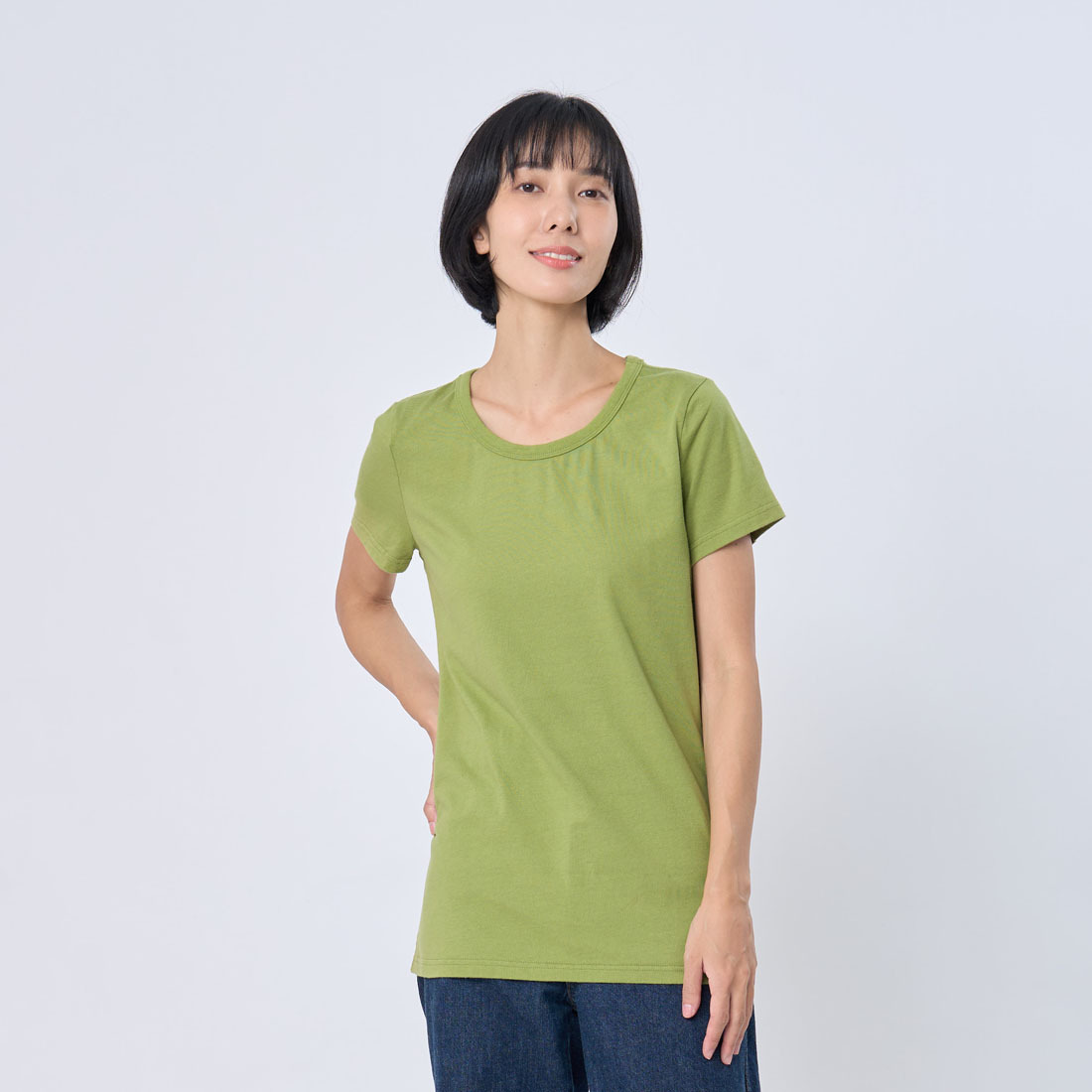 簡單圓領厚磅素面蜜桃棉女T 芥末綠