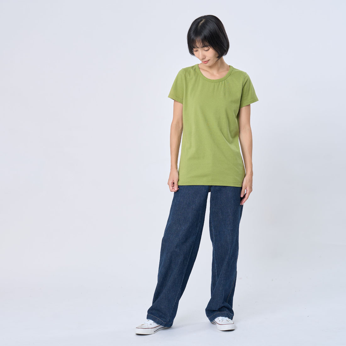 簡單圓領厚磅素面蜜桃棉女T 芥末綠