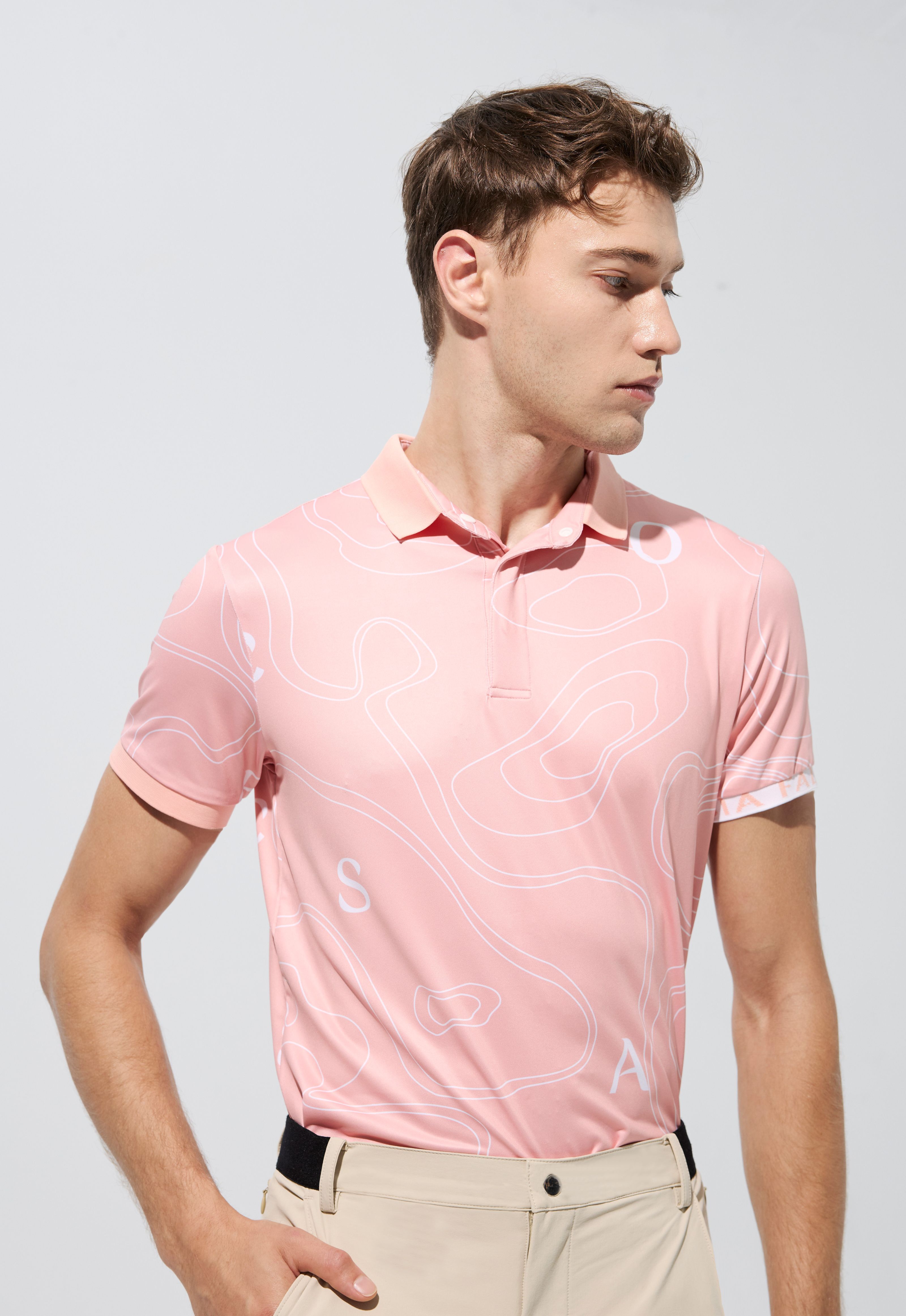 等高線字標印花男衫-蜜桃粉