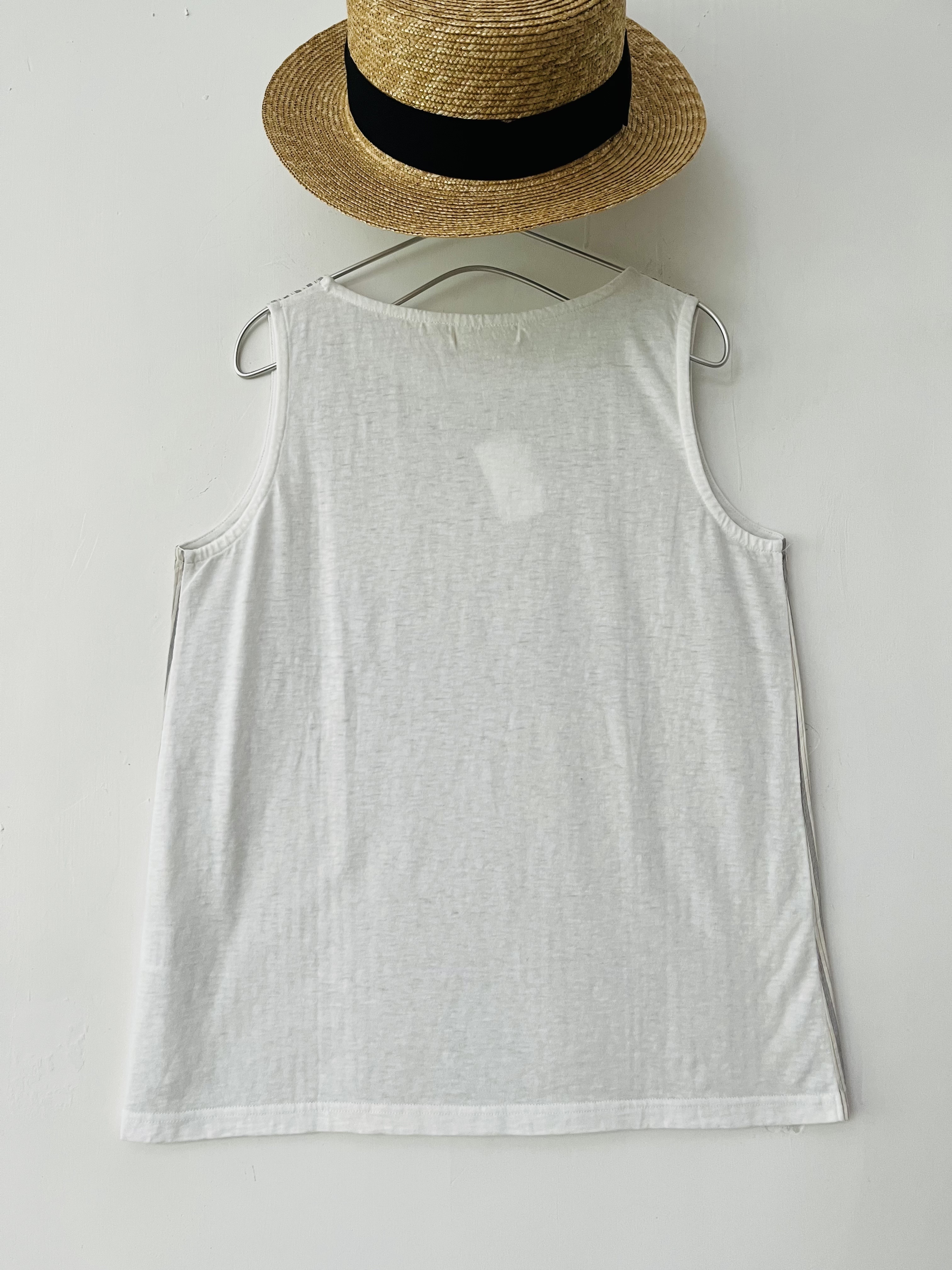 日本製米色布拼藍條子背心