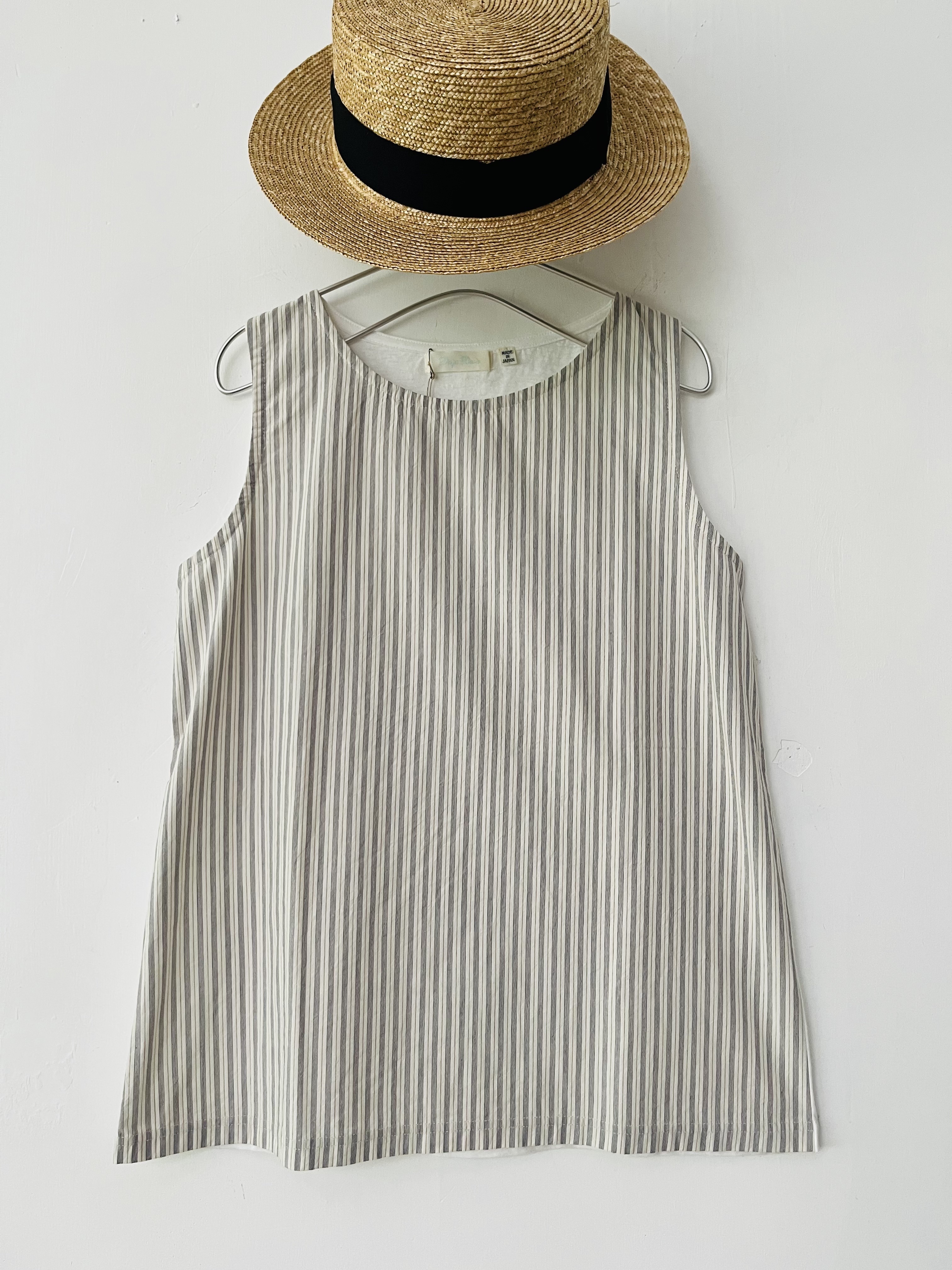 日本製米色布拼藍條子背心