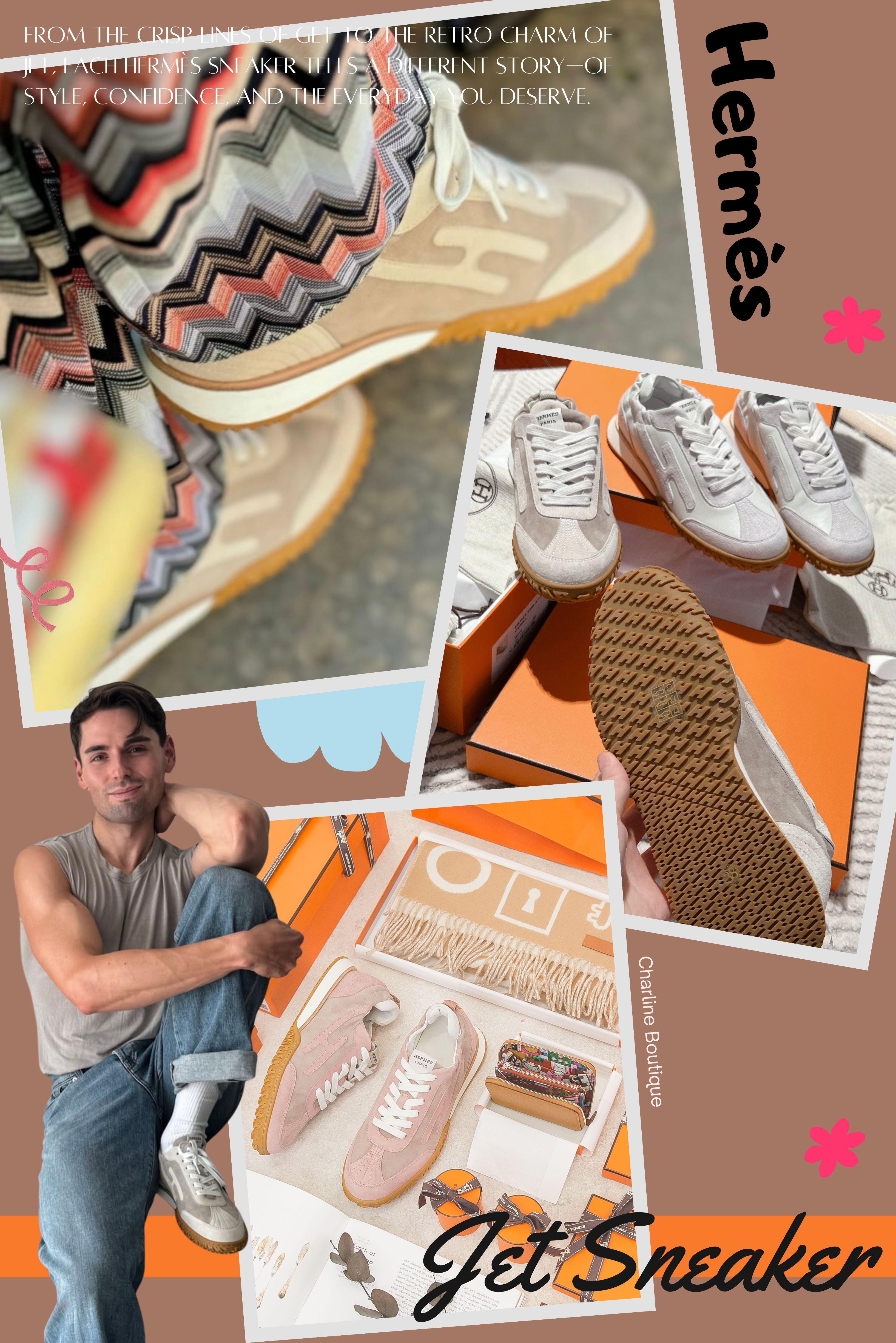Jet Sneaker  首先第一雙要介紹的便是這款 Jet系列的運動鞋，這系列肯定是那種看一眼會記住的鞋。它玩的是復古與未來感的平衡：鉤針編織與 Nappa 小羊皮拼接，打造出懷舊又立體的面料層次，簡直就是 70 年代運動鞋的時髦翻玩。從帶有餅乾色的鞋底設計，以及鞋側大大的斜體「H」到鞋尾帶有點鬆緊的設計都是Jet 系列的一大特色。光是看著都覺得超級心動！日常逛街、出遊、搭配牛仔褲或西裝外套都百搭。