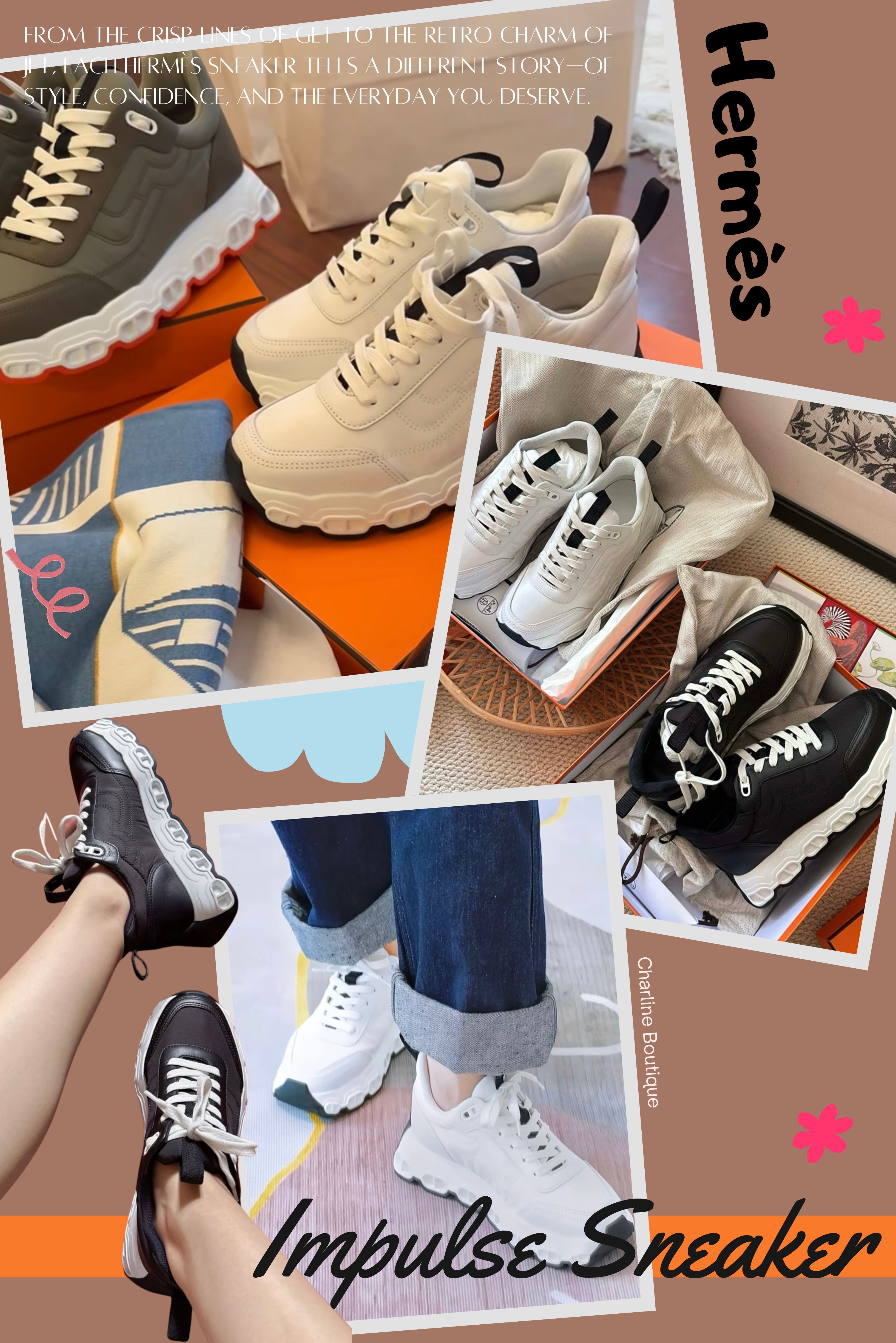 Impulse Sneaker  別看照片就覺得Impulse 會很笨重不好走路，就先害怕他了，Impulse 鞋面是降落傘布＋麂皮羊皮拼接，材質很輕、很挺，整體剪裁乾淨俐落，走的是一種都市機能風。最吸睛的是鞋底的 Chaine d'Ancre 鍊帶圖騰設計，超級吸睛！加上4.5 公分鞋底有夠實在，腿長+3公分根本不是問題。
