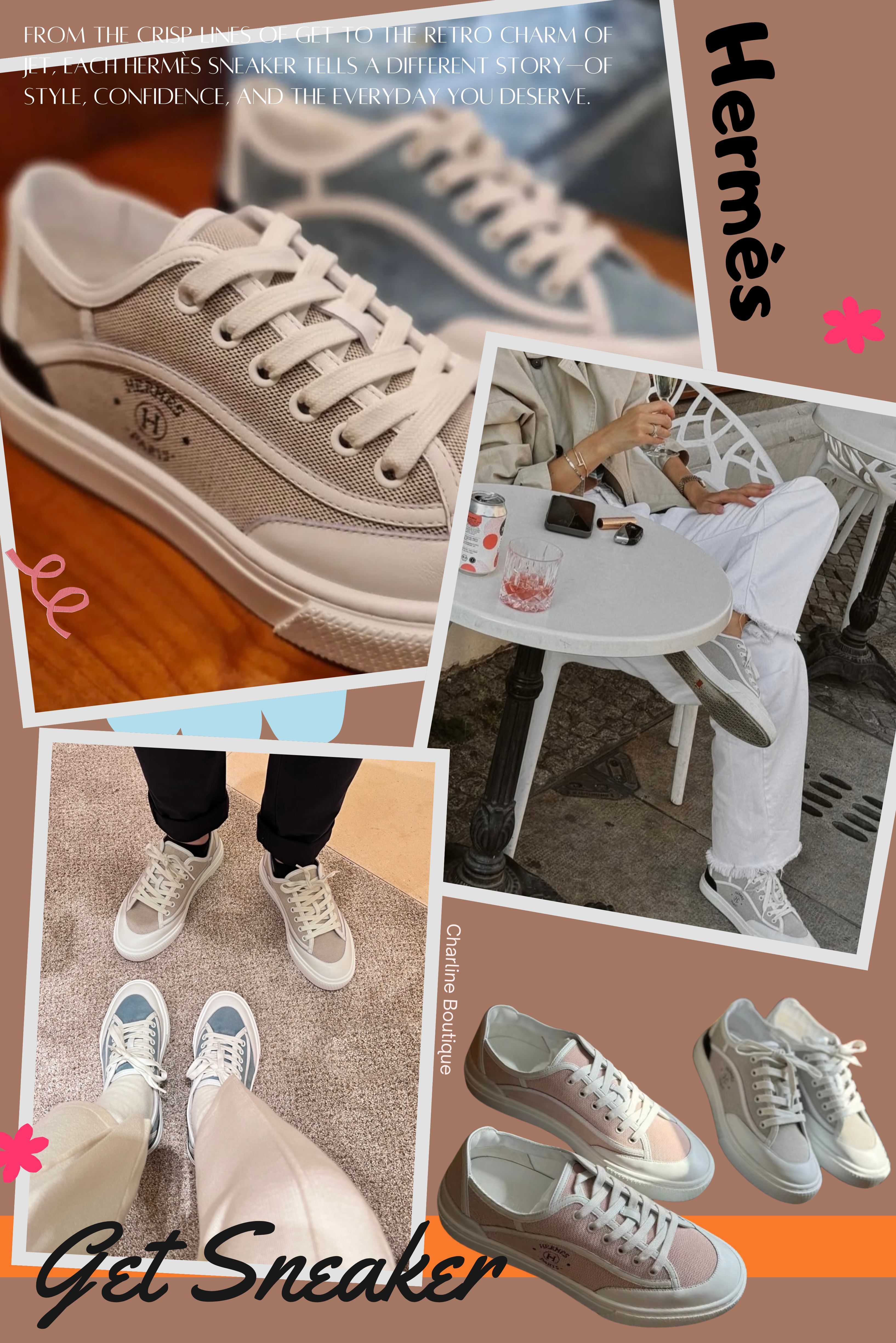 Get Sneaker  Get系列主要由帆布材質製成，幾合線條的設計再加上側邊壓印 Hermès Paris 字樣，乾淨到幾乎沒有多餘線條，是那種精品控一眼就認出的低調名牌。帆布的質感也充滿了夏日的氛圍感，穿起來有一種清爽又有底氣的味道。