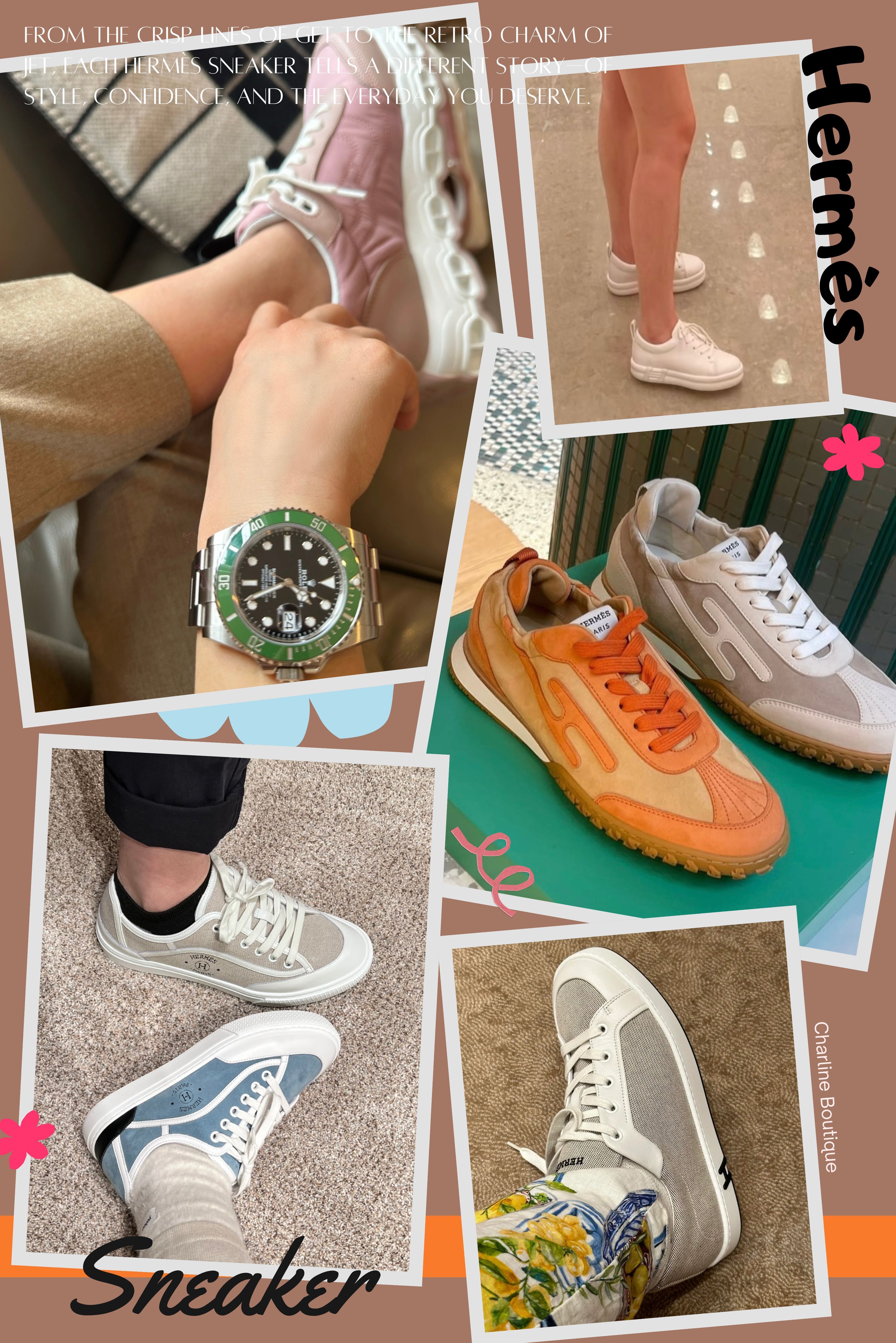 延伸 Q&A｜Hermès 球鞋選購懶人包  Q1：Hermès 球鞋適合日常穿嗎？會不會太正式？ 完全不會。Hermès 球鞋從材質到版型都兼顧舒適與時尚，無論是逛街、出差、日常通勤或約會穿搭都適合，風格可以很隨性，也能正式中帶點時髦感。  Q2：我平常穿 3 公分厚底鞋會覺得累，Impulse 跟 Happy 會太重嗎？ 不會。Impulse 雖然有 4.5 公分鞋底，但採用降落傘布＋麂皮材質，腳感輕盈、穿一整天都沒問題。Happy 是穩定感強的 4 公分厚底設計，重心分布均勻，踩起來也非常舒適。  Q3：帆布鞋會不會不夠高級？Get 的質感真的可以嗎？ Get 運動鞋是極簡控的愛牌，帆布本身選用的是硬挺耐看的高級面料，再搭配幾何線條與 Hermès Paris 壓印細節，實穿、百搭又有辨識度，遠看簡單、近看精緻，絕對對得起它的定位。  Q4：我偏愛年輕感的穿搭風格，哪雙球鞋最推薦？ Kid 絕對是年輕派愛用款。色彩、材質、設計都走青春街頭路線，但細節依然很 Hermès，百搭又耐看，非常適合喜歡玩穿搭的族群。  Q5：我不確定自己適合哪雙 Hermès 球鞋，可以諮詢嗎？ 當然可以！Charline Boutique 提供一對一風格諮詢服務，協助您根據預算、日常穿搭、腳型特性挑出最適合的那一雙。