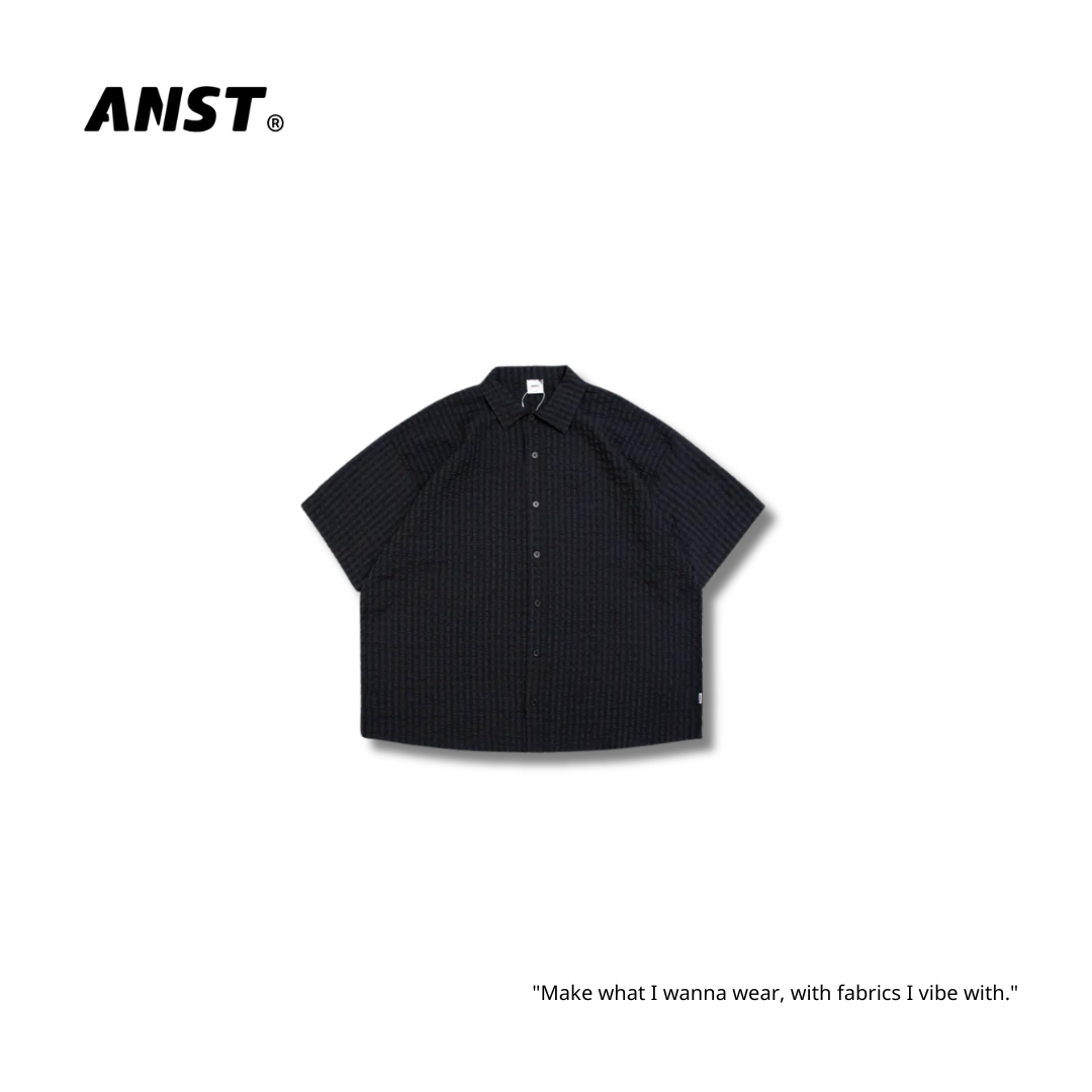 "現貨" ANST 泡泡紗刺繡格子襯衫/黑色 AN.58