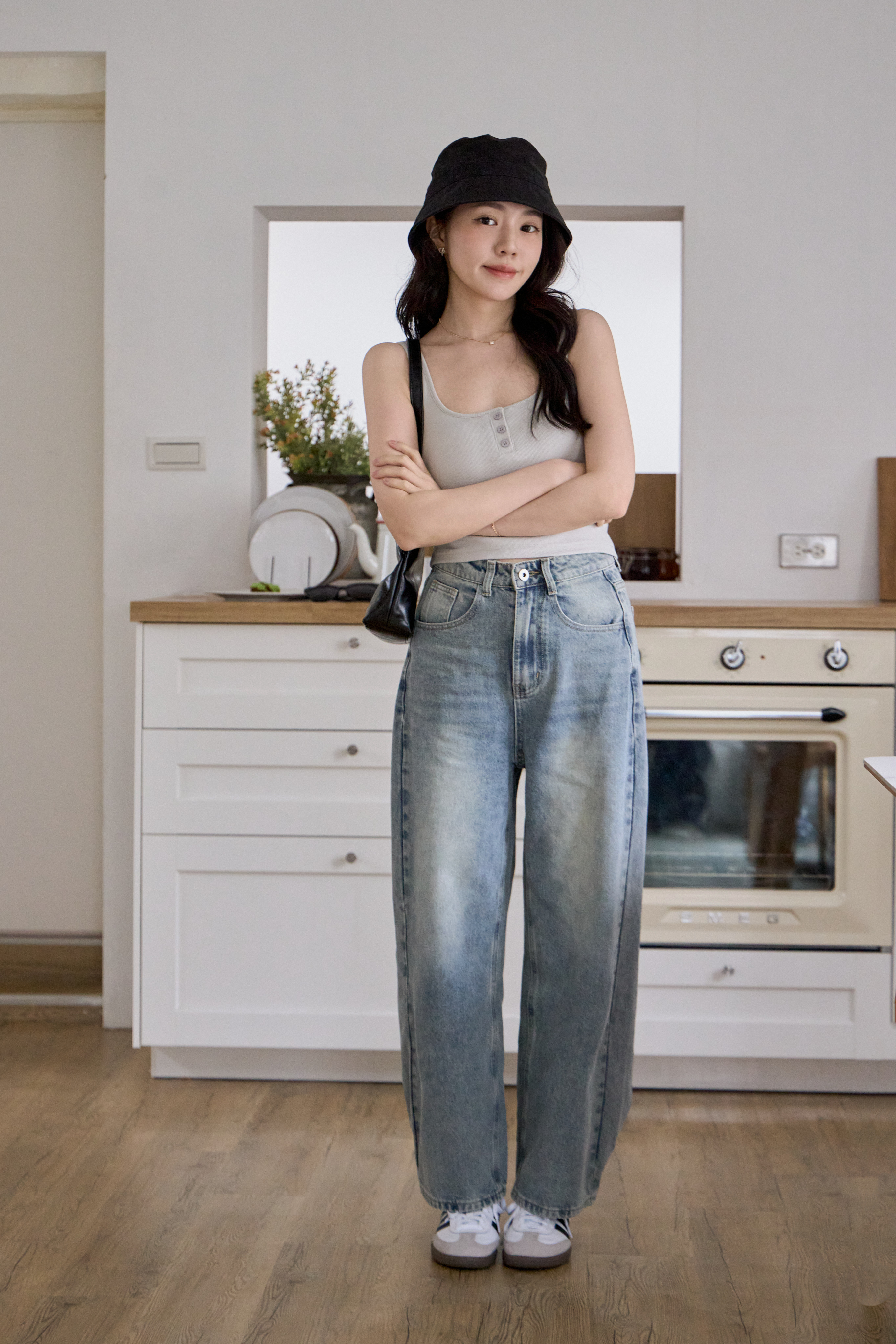 Gmade/2 WAYS!褲口調節刷色順臀直筒丹寧褲-灰藍