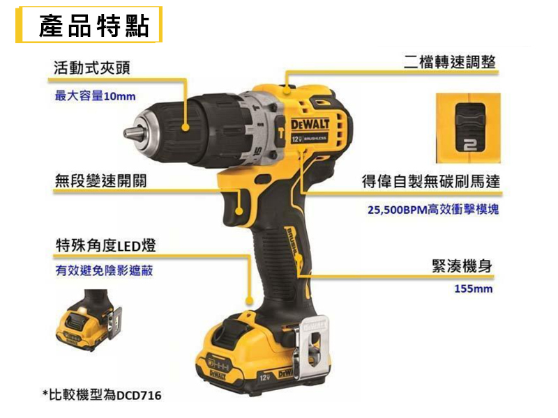 得偉 DEWALT 12V 無刷 震動 電鑽 DCD706L2 雙電3.0 DCD706