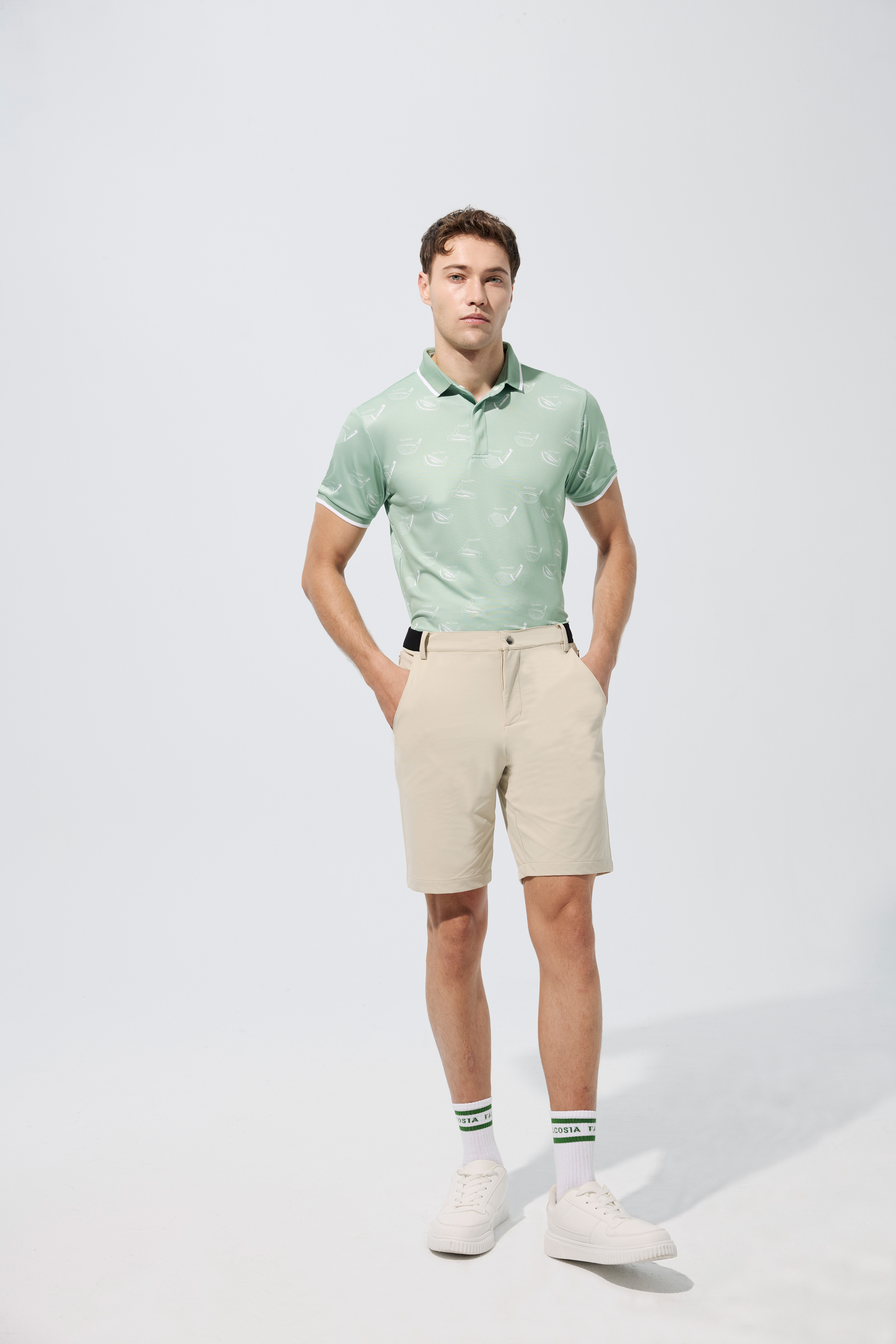 手繪桿頭印花男衫-青草綠