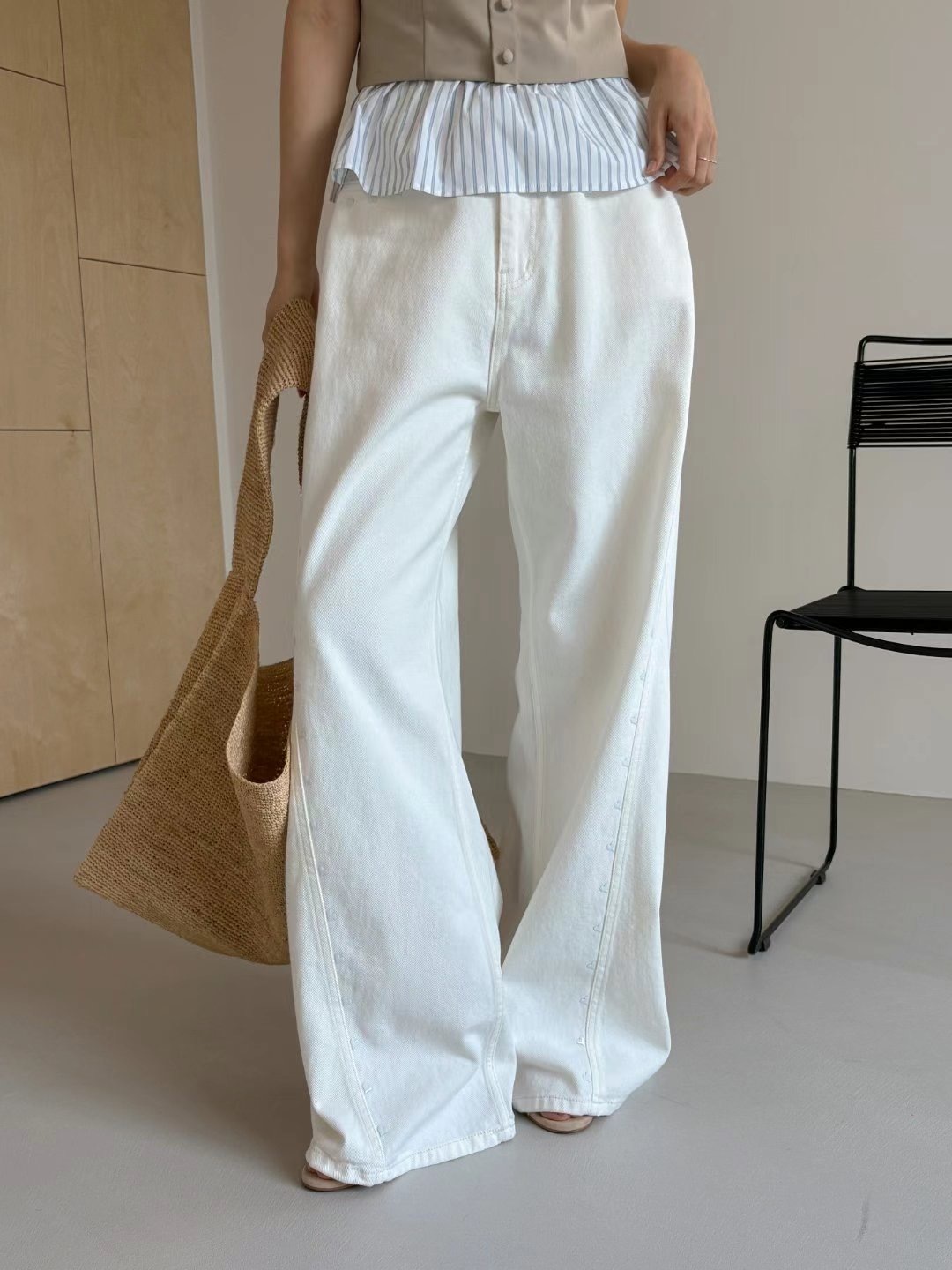 白色愛心鉚釘高腰寬牛仔褲｜清爽甜酷系穿搭