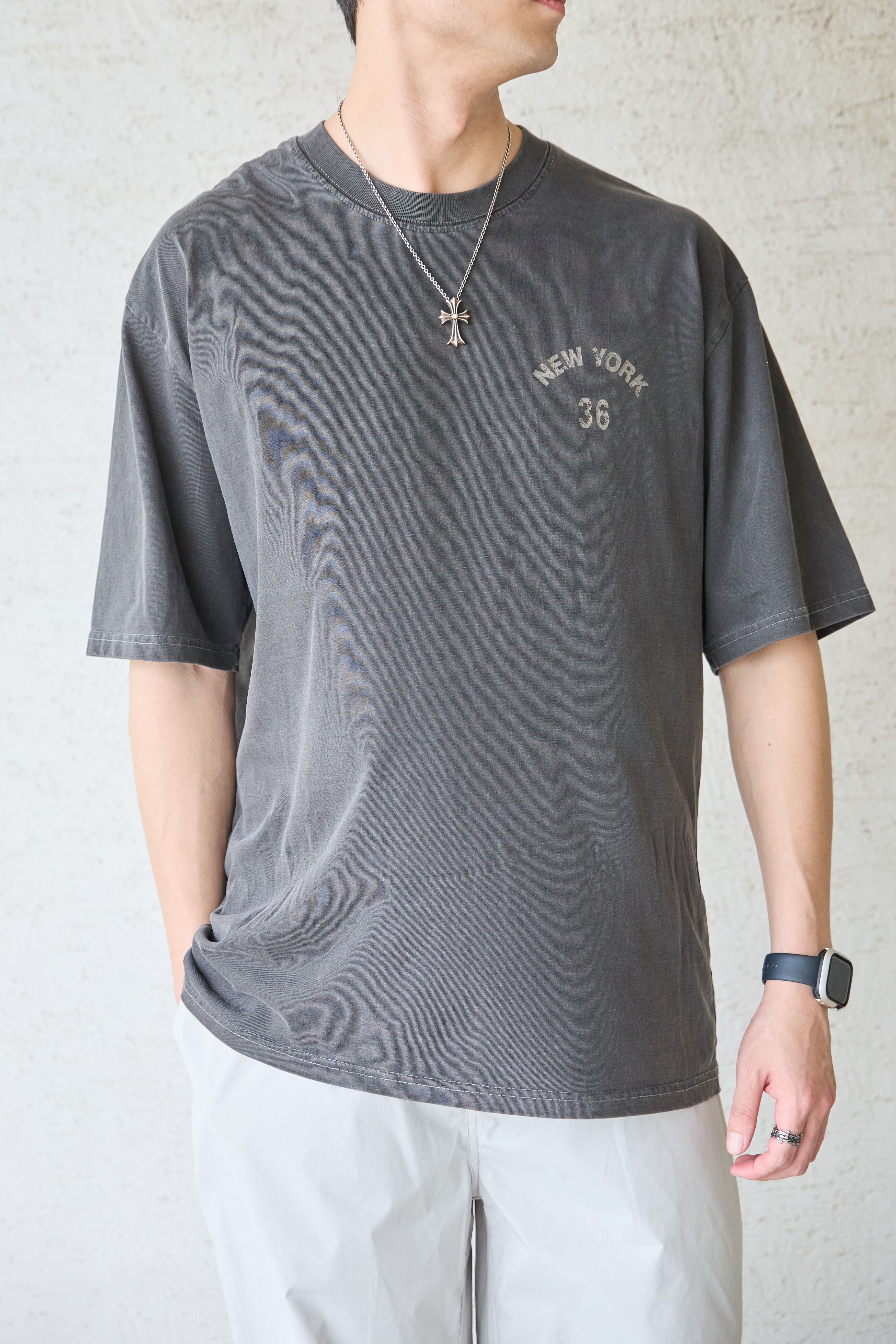 New York 36 復古水洗落肩Tee（米白/灰藍/炭黑）