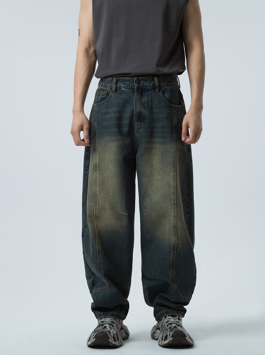 復古水洗造型彎刀褲