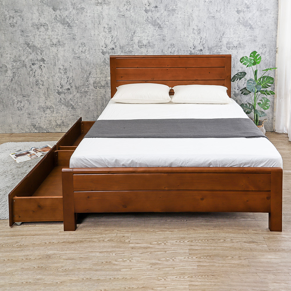 湯格5尺雙人實木床架/床組-收納抽屜型(胡桃色)