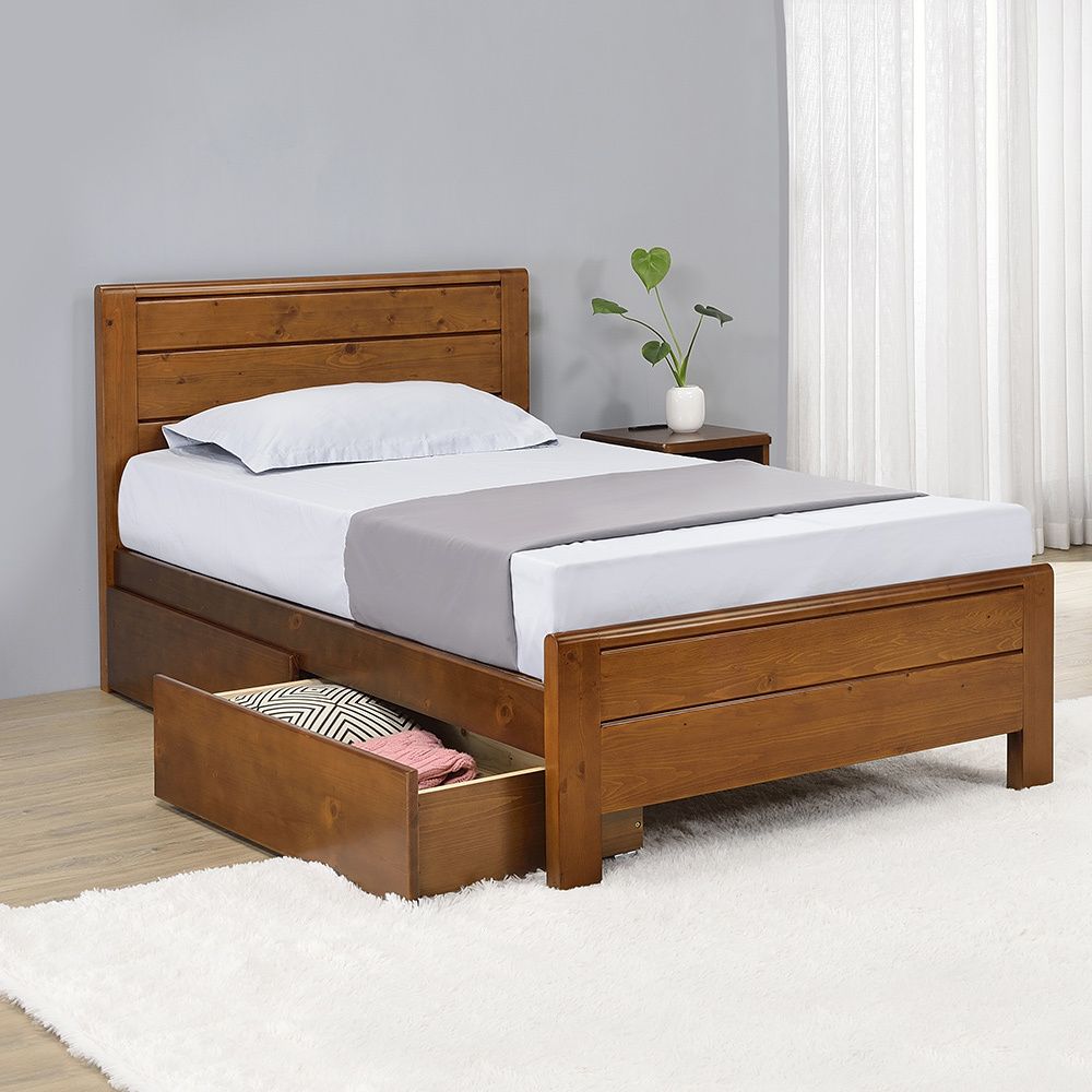 湯格3.5尺單人實木床架/床組-收納抽屜型(胡桃色)