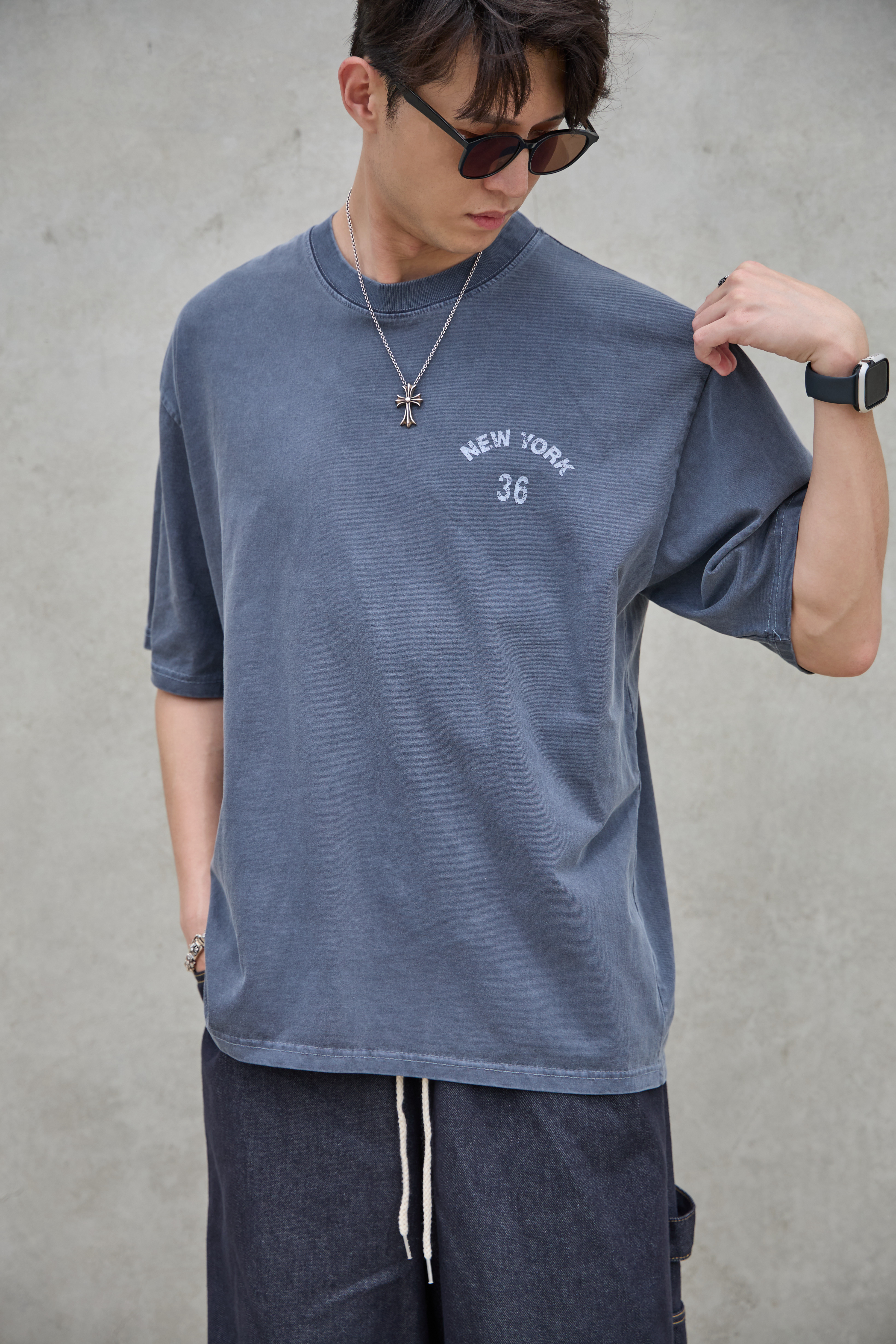 New York 36 復古水洗落肩Tee（米白/灰藍/炭黑）