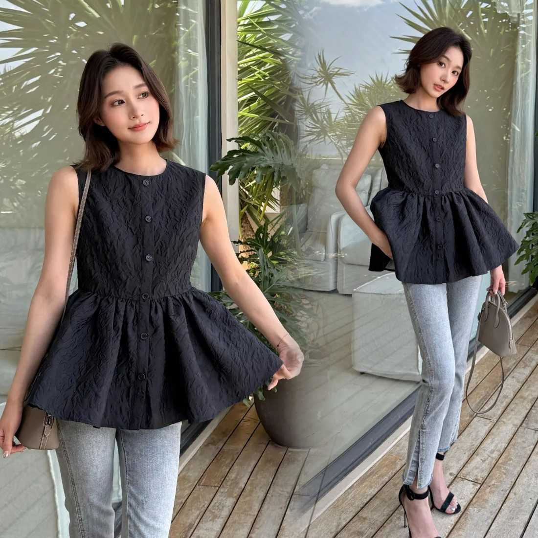 經典黑立體織紋感收腰傘擺圓領上衣S-M  (Elegant & Love)