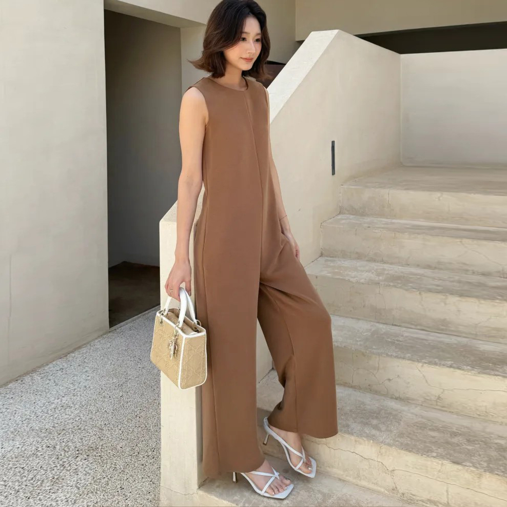 質感焦糖色系莫代爾棉圓領連身褲長褲S-M (Elegant & Love)