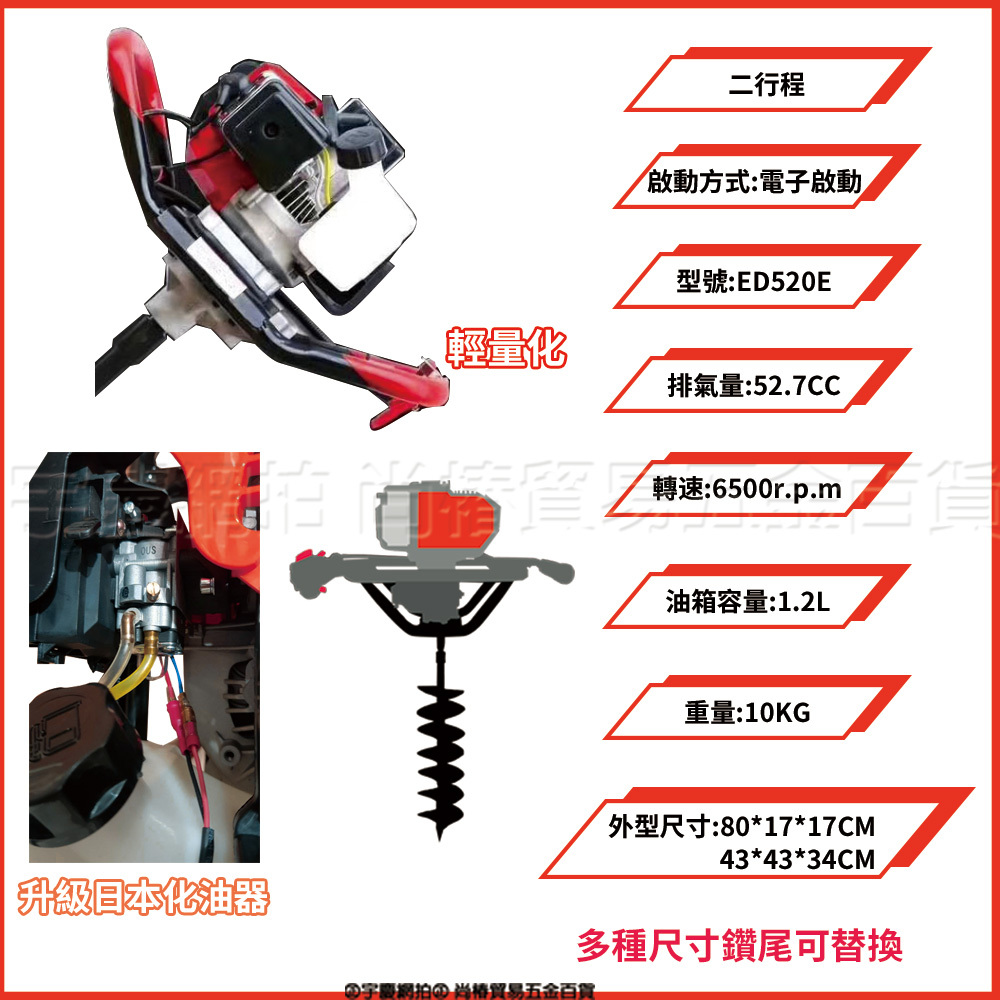 附發票｜ED520E電啟｜二行程免手拉鑽地機 化油器 鑽孔機 植樹機 打冰機 挖坑機 遇缺出ED530E