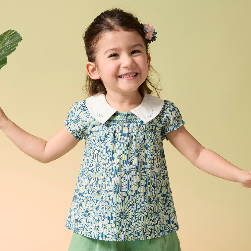 PIPPY純棉百搭花瓣領碎花上衣 綠