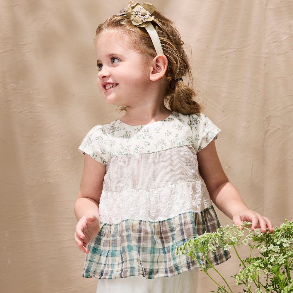 PIPPY花漾四層拼接飄逸小波浪純棉印花短袖上衣 綠