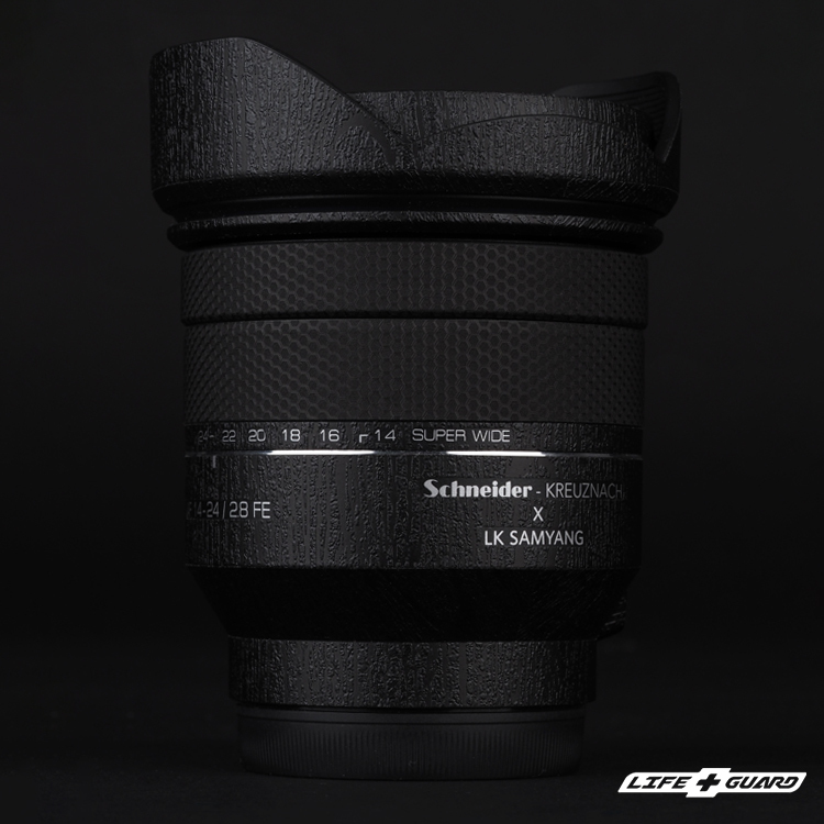 LIFE+GUARD SAMYANG X Schneider AF 14-24mm F2.8 FE 貼膜側面展示圖，LIFE+GUARD 風格設計