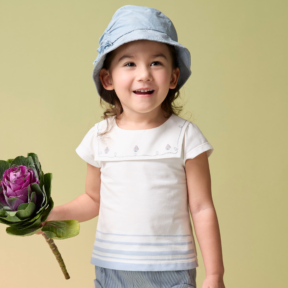 PIPPY優雅小帆船刺繡棉質水手領上衣 白