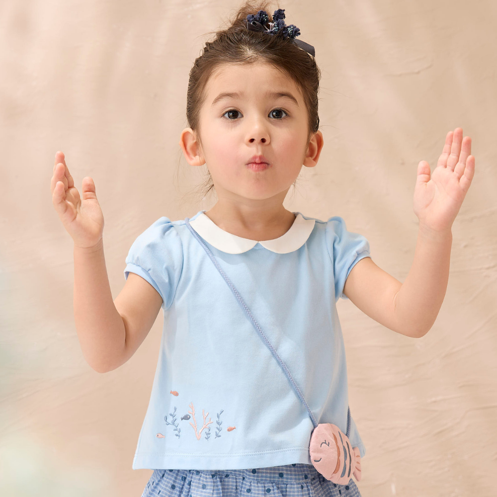 PIPPY可愛小魚兒花瓣領澎袖棉質上衣 水