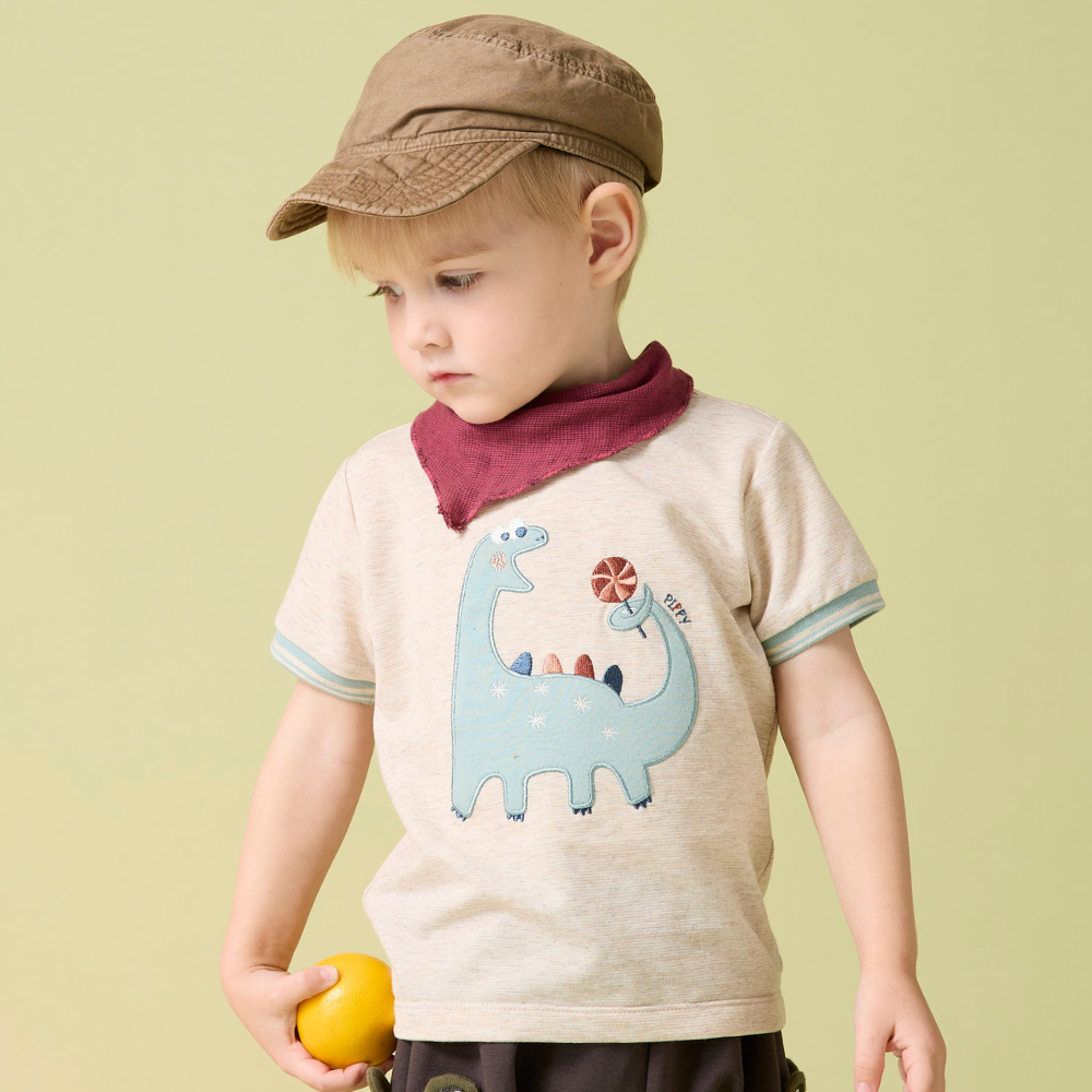 PIPPY大嘴恐龍吃糖俏皮刺繡剪接圓領短袖上衣 米白