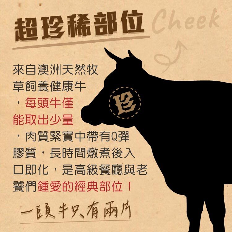 臉頰部位稀少珍貴，每頭牛僅能取出2片