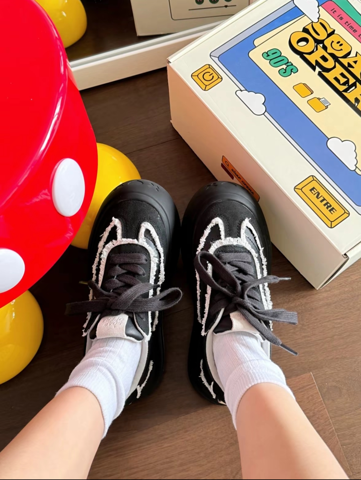 寧寧同款 SOAP OPERA 解構開口笑大頭鞋 泡泡鞋 黑騎士 黑色 全黑 厚底 寬鞋帶 不修邊 笑臉 帆布鞋 大頭鞋/預購