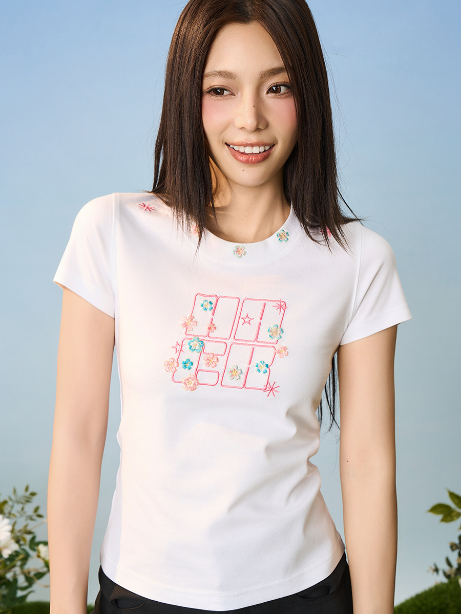 harsh and cruel 2025SS 元氣花朵刺繡 女款 修身短袖