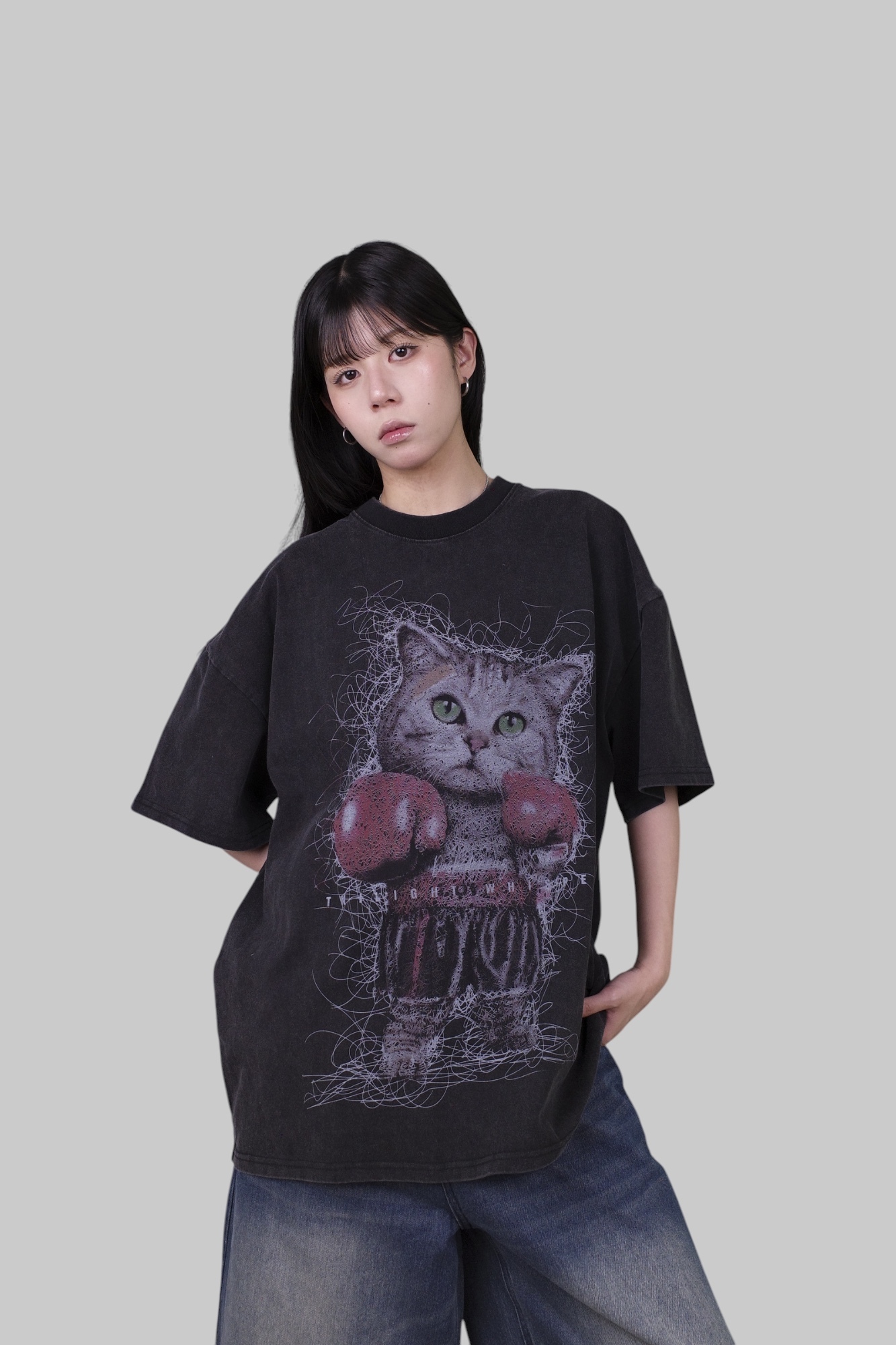 『Always_Good』拳擊貓咪 水洗 印花 短T