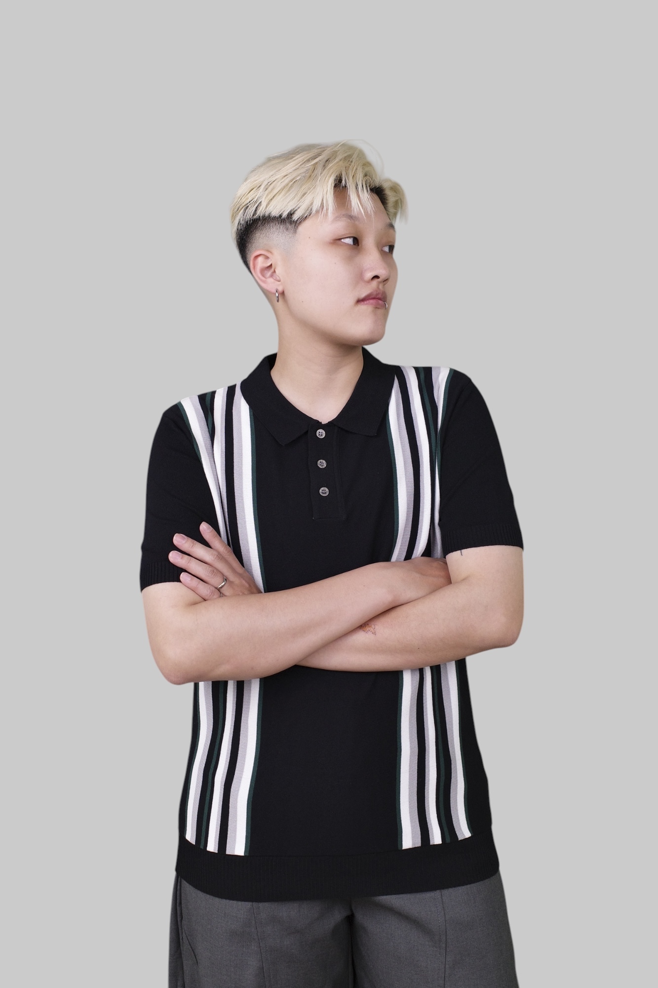 『Always_Good』撞色 直條紋 針織 POLO衫 短T