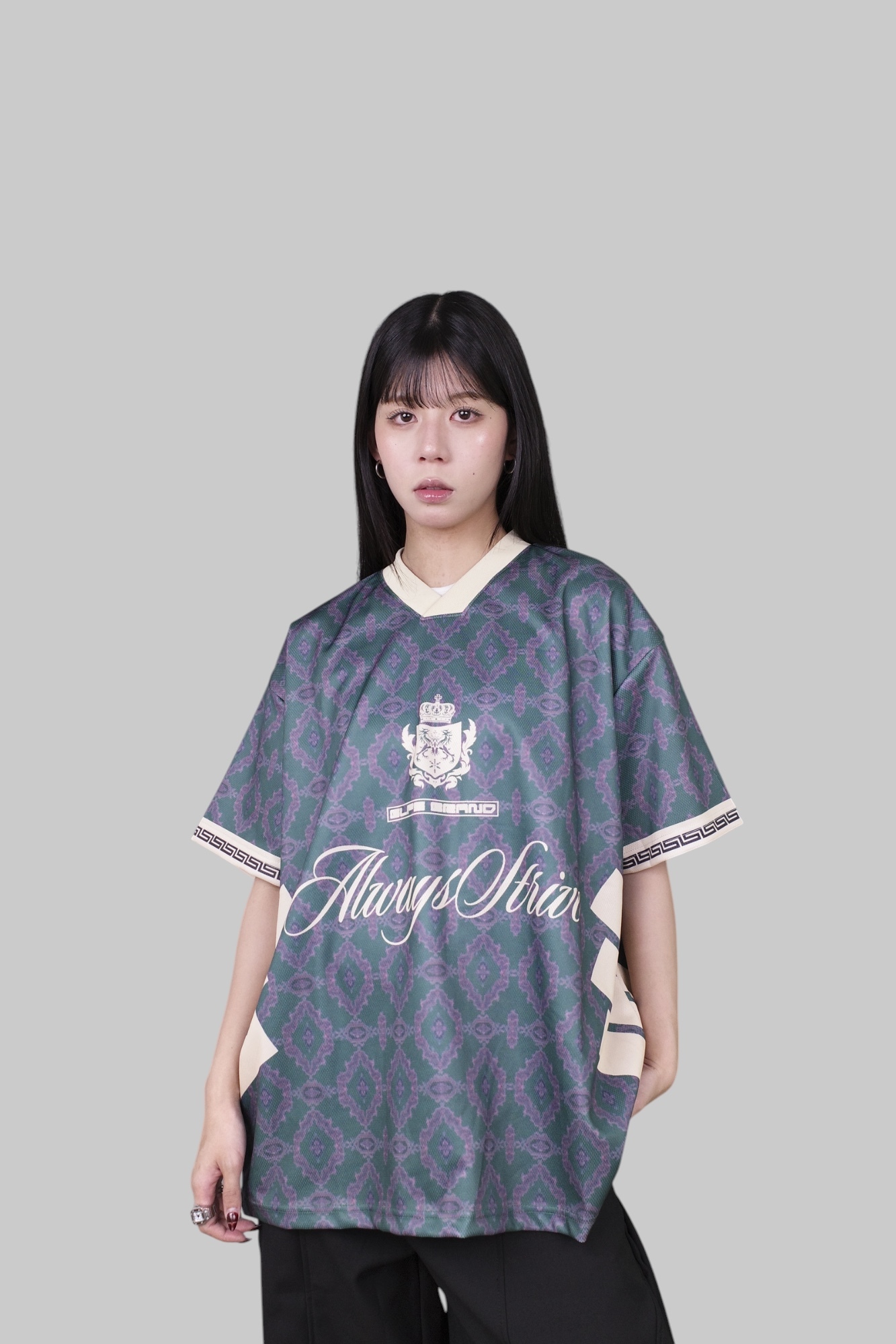 『Always_Good』圖騰 撞色 V領 網眼 球衣