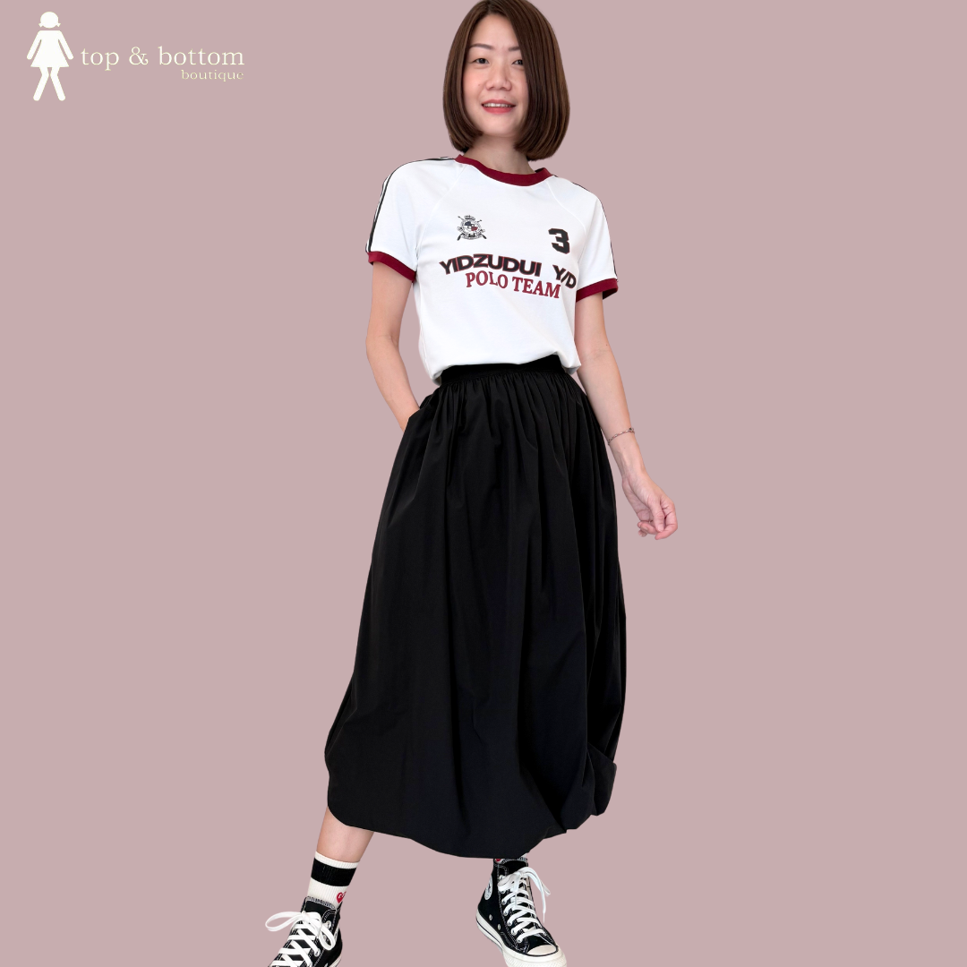 ELASTIC WAISTED BUBBLE HEM MIDI SKIRT