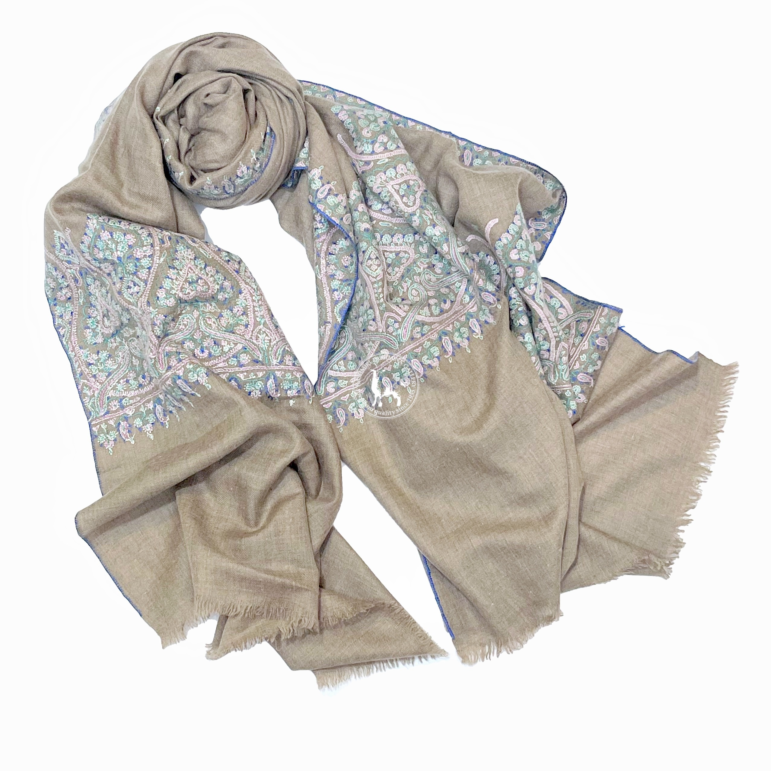 天然駝色索茲尼刺繡羊絨披肩圍巾