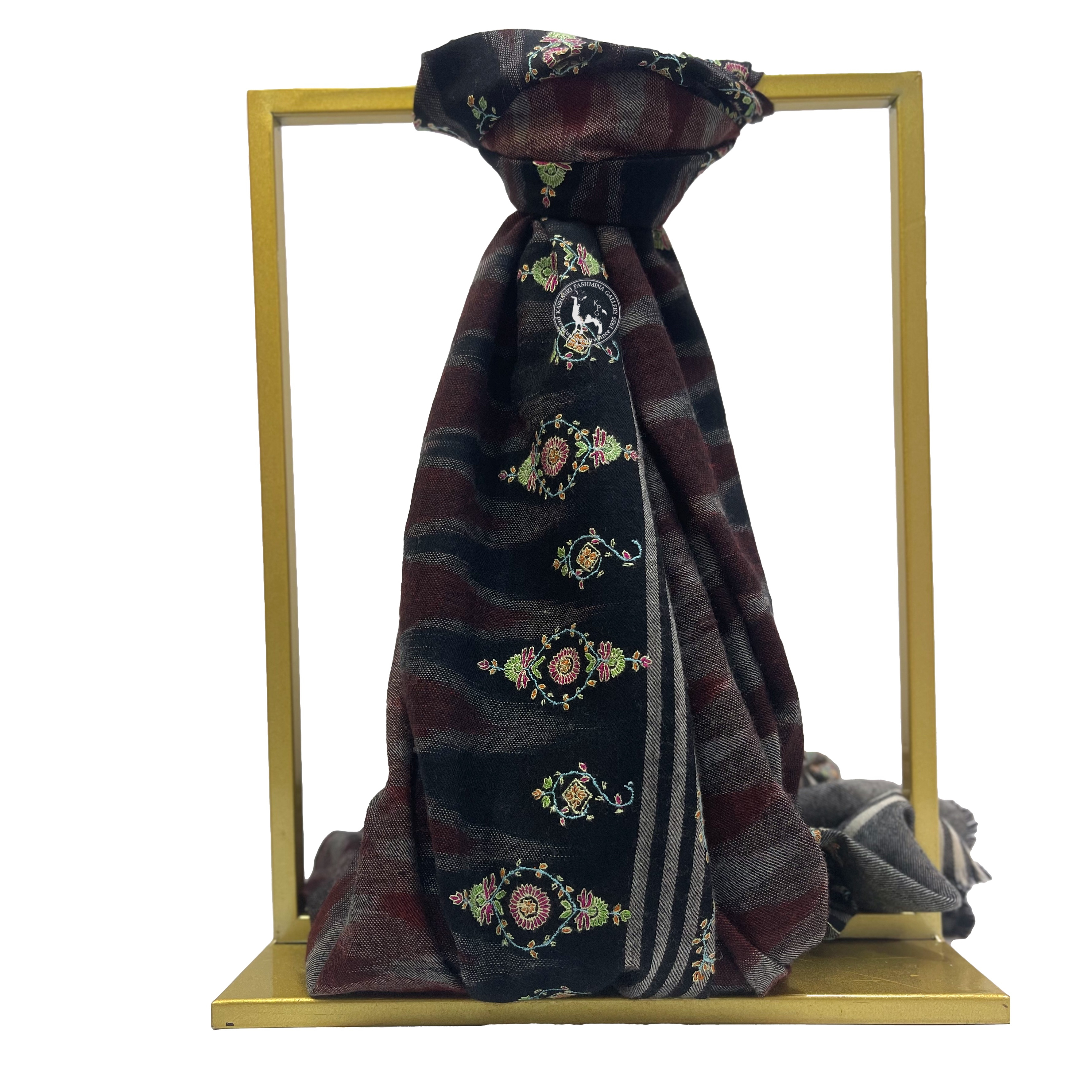 紅灰黑卡尼菱形圖案索茲尼刺繡羊絨圍巾