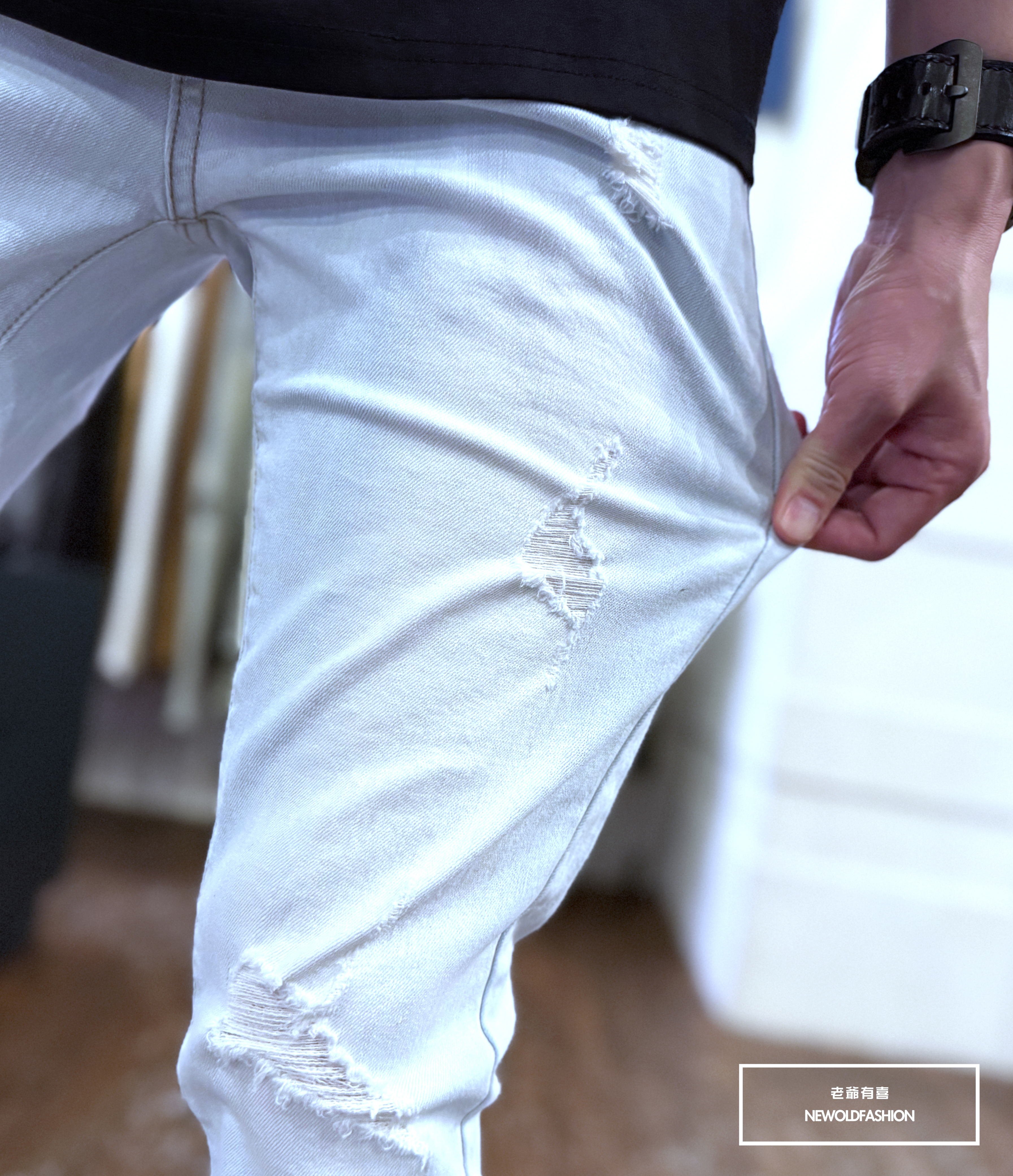 『熱銷到貨』重磅淺刷白破壞貓鬚牛仔小直筒褲