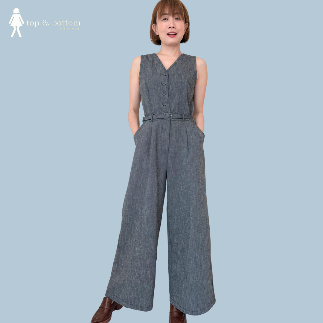 DENIM BELTED BUTTON DOWN LONG JUMPSUIT