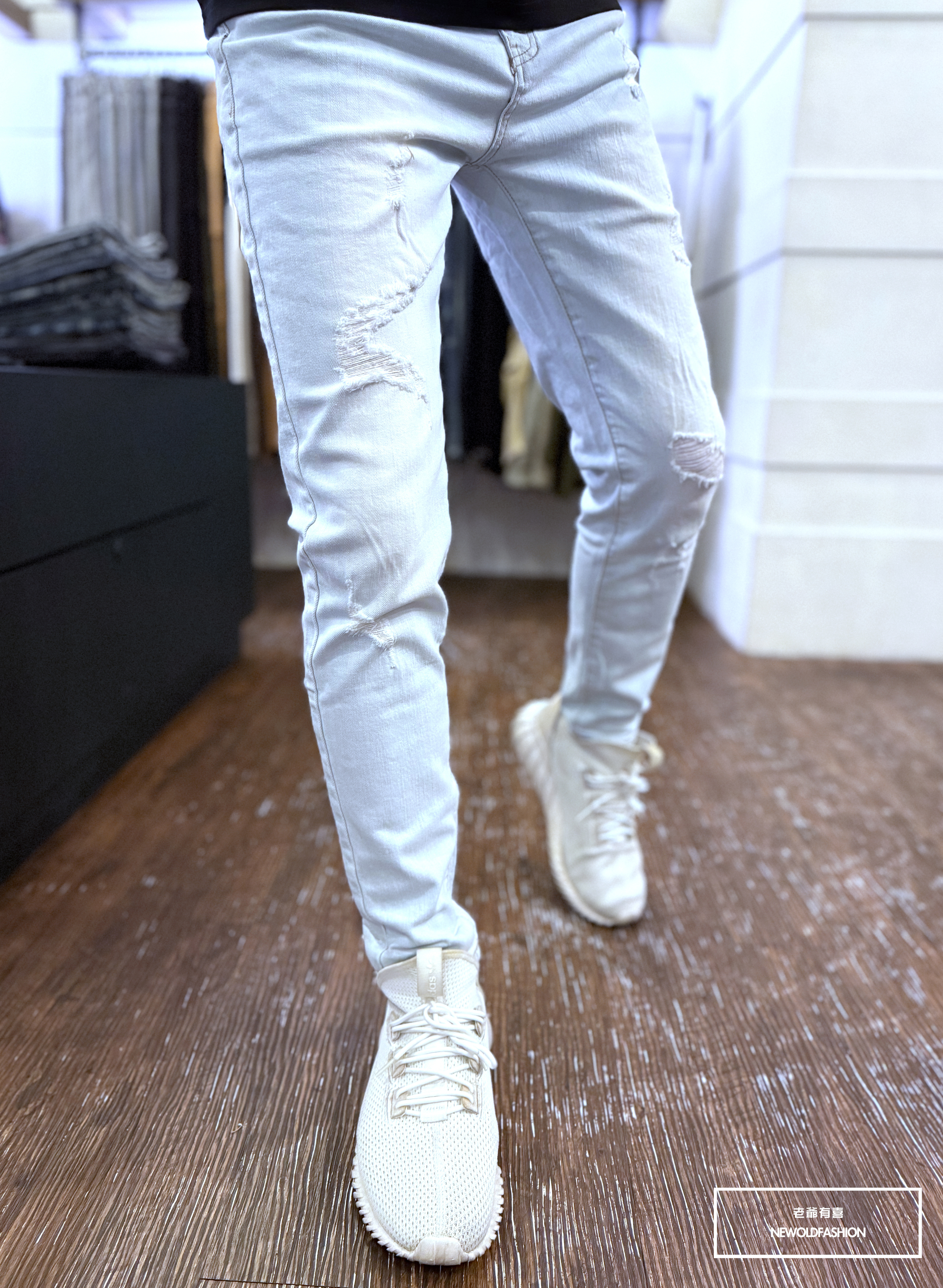 『熱銷到貨』重磅淺刷白破壞貓鬚牛仔小直筒褲