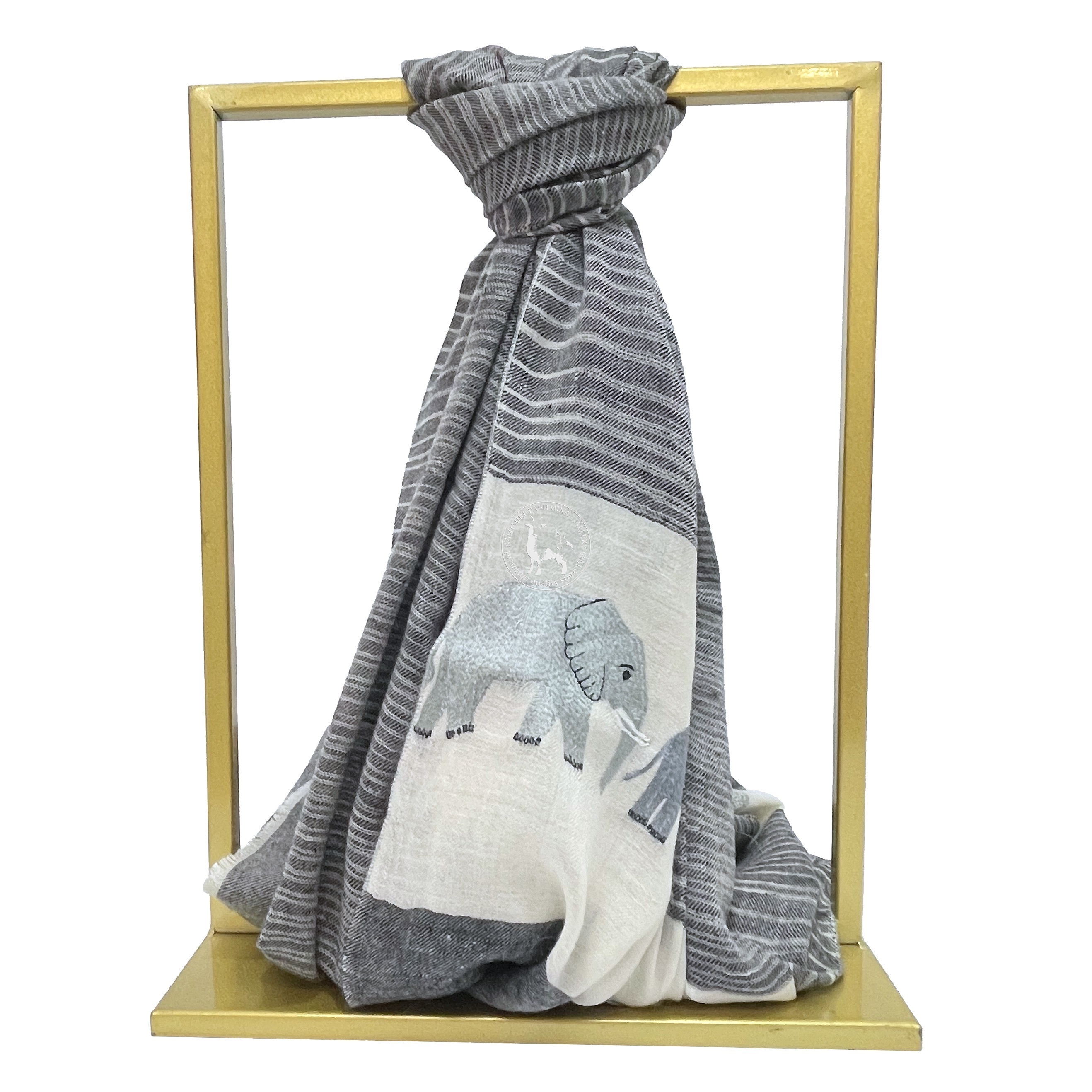 灰白卡尼手織橫條紋大象索茲尼刺繡羊絨圍巾