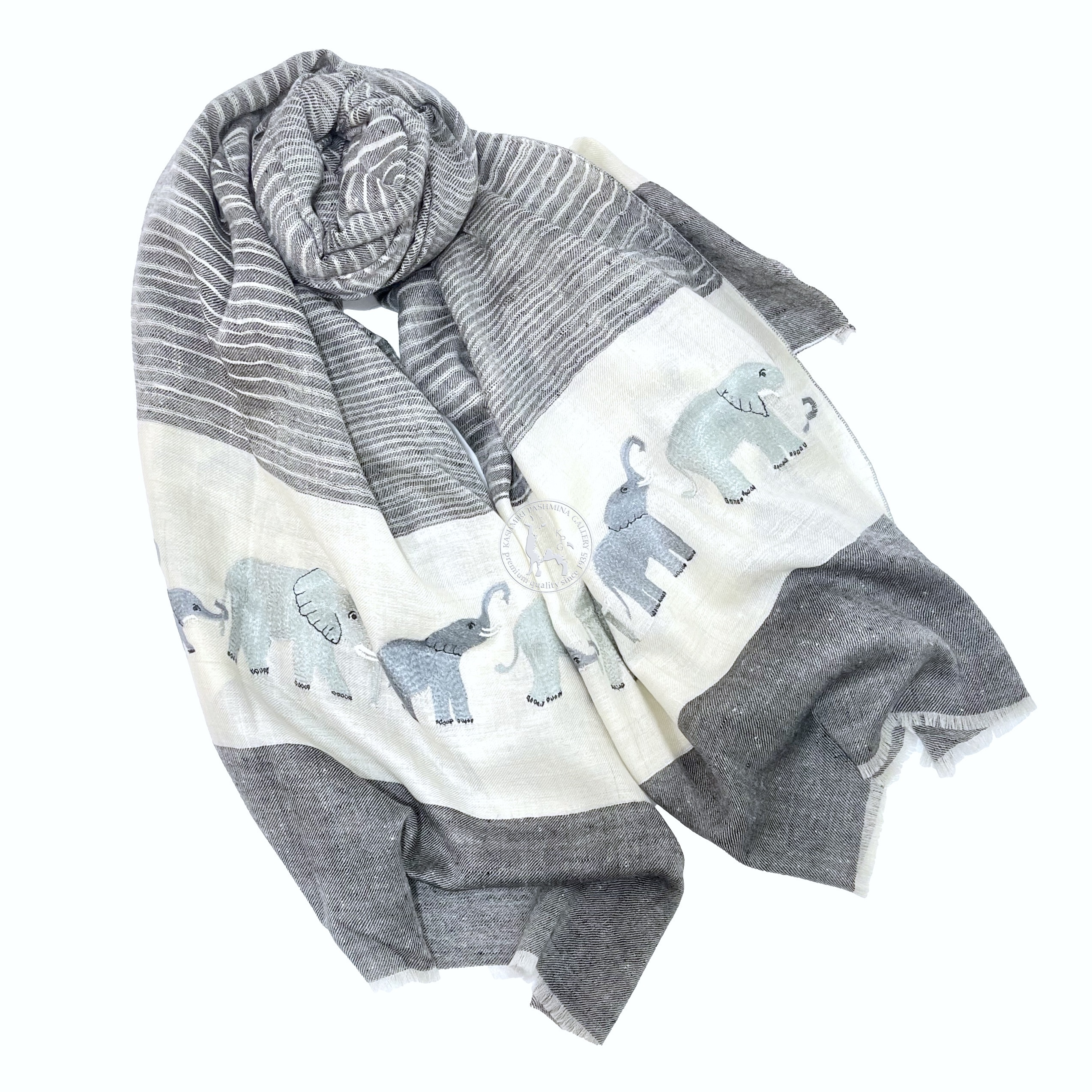 灰白卡尼手織橫條紋大象索茲尼刺繡羊絨圍巾